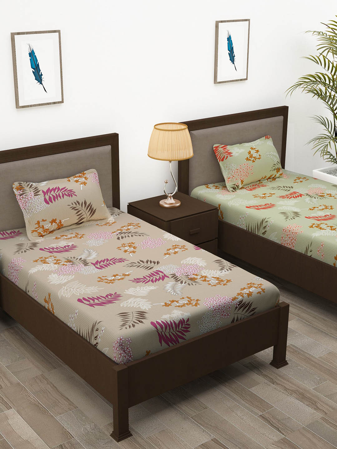 

Story@home Light Pink & Green 208 TC Cotton Set of 2 Single Bedsheets & 2 Pillow Covers