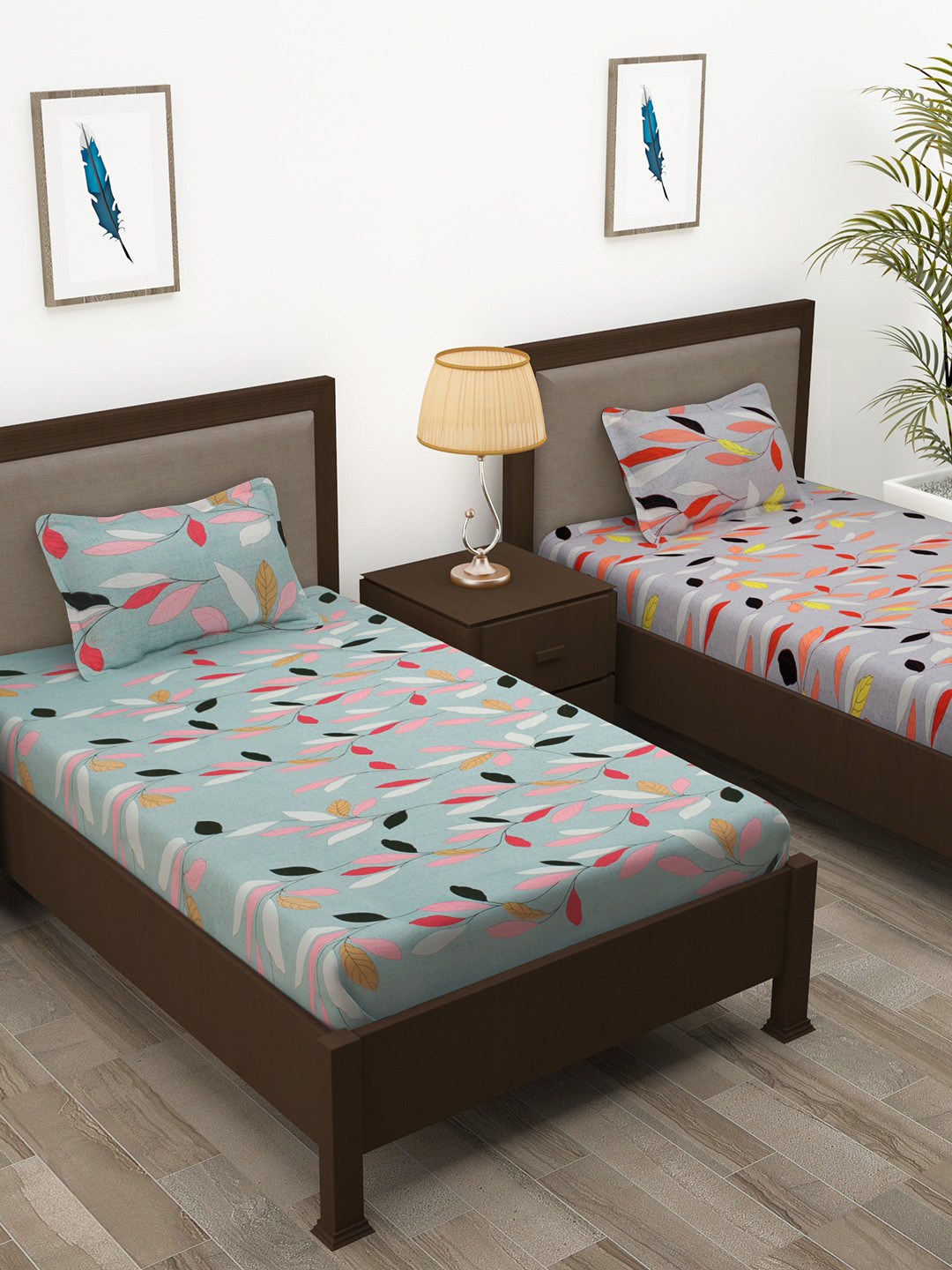 

Story@home Blue & Pink 200 TC Pack of 2 Pure Cotton Single Bedsheet with 2 Pillow Covers