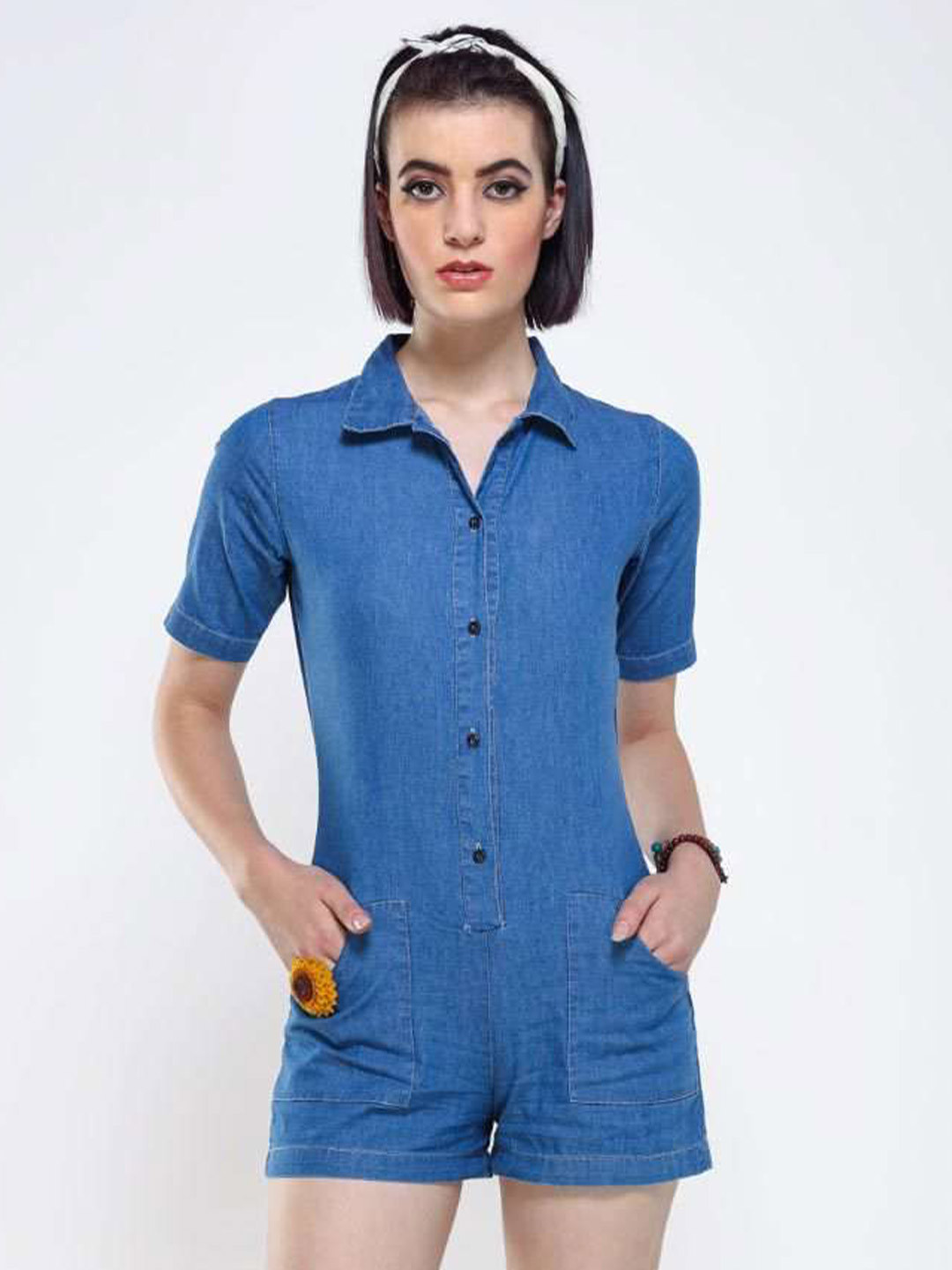 

FREAKINS Women Blue Cotton Solid Jumpsuit