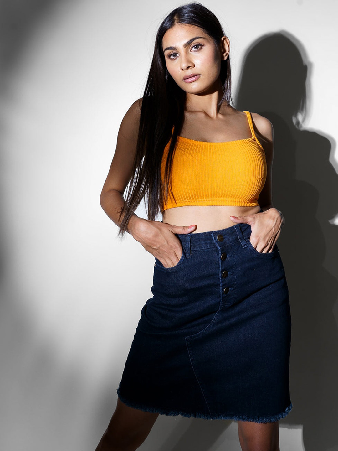 

FREAKINS Women Blue Frayed Denim Straight Pure Cotton Skirts