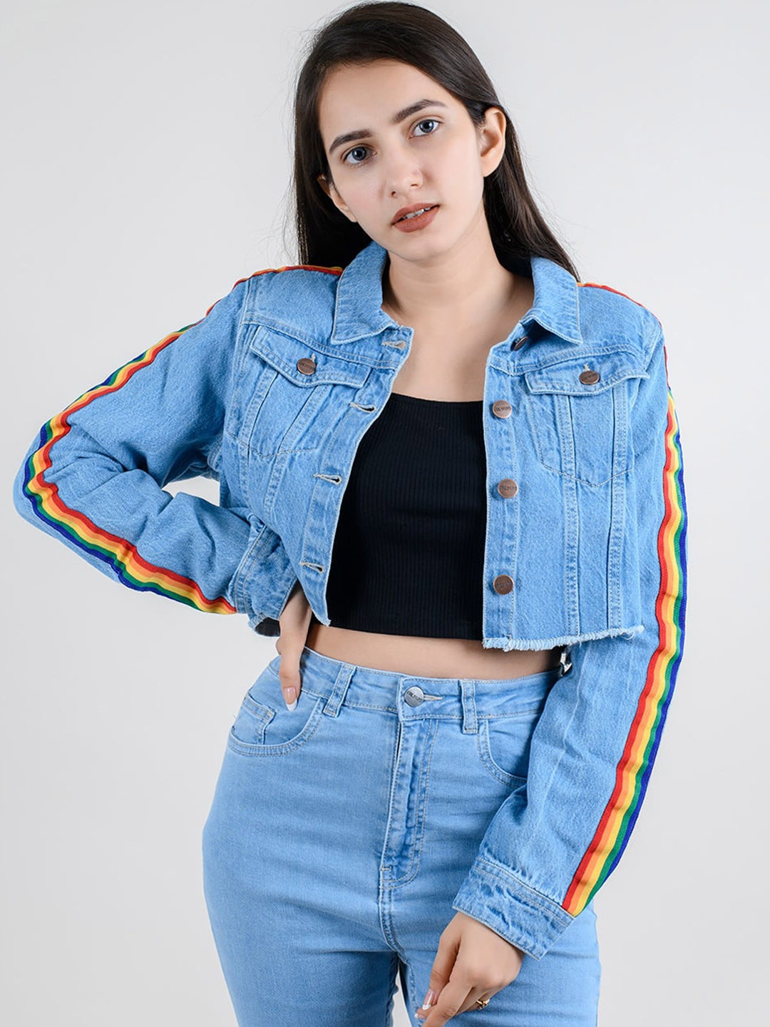 

FREAKINS Women Blue Washed Crop Denim Jacket with Patchwork