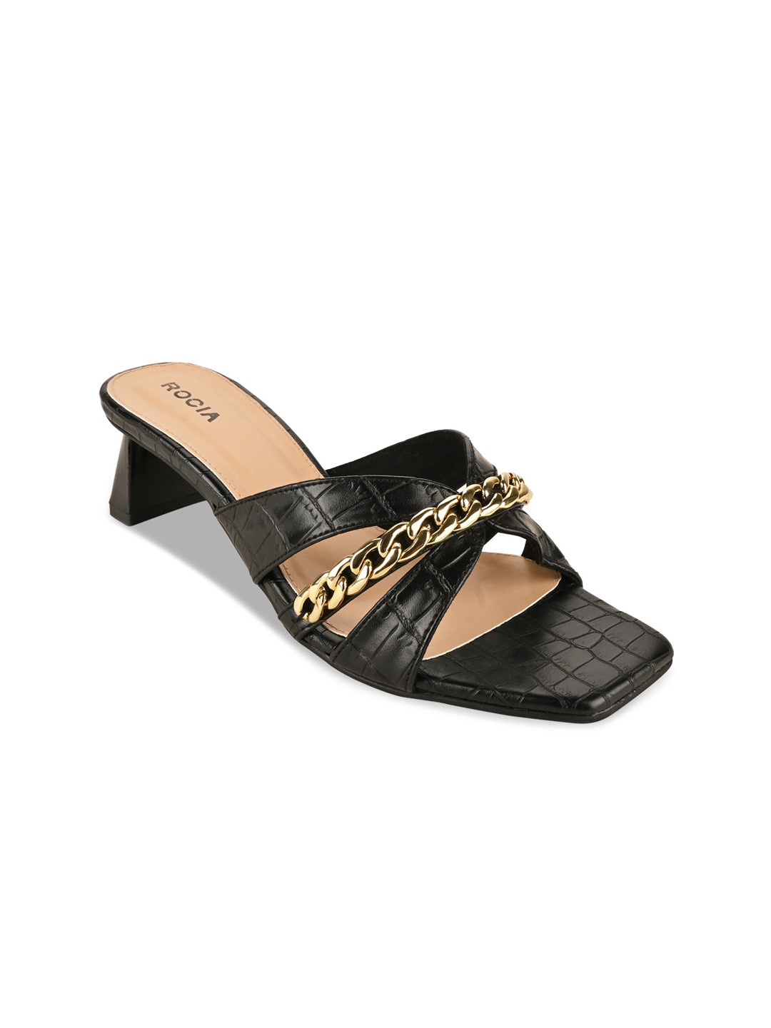 

Rocia Women Black & Beige Textured Block Sandals