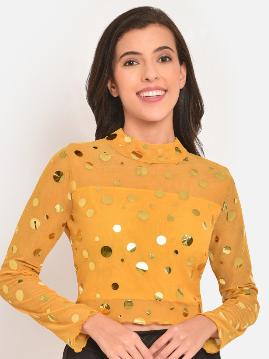 

Martini Yellow & neon carrot Print Sheen Sheer Top