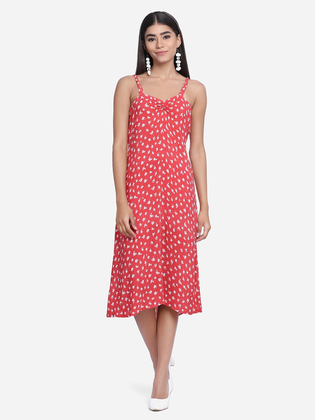 

SAKIA Red Floral Crepe A-Line Midi Dress