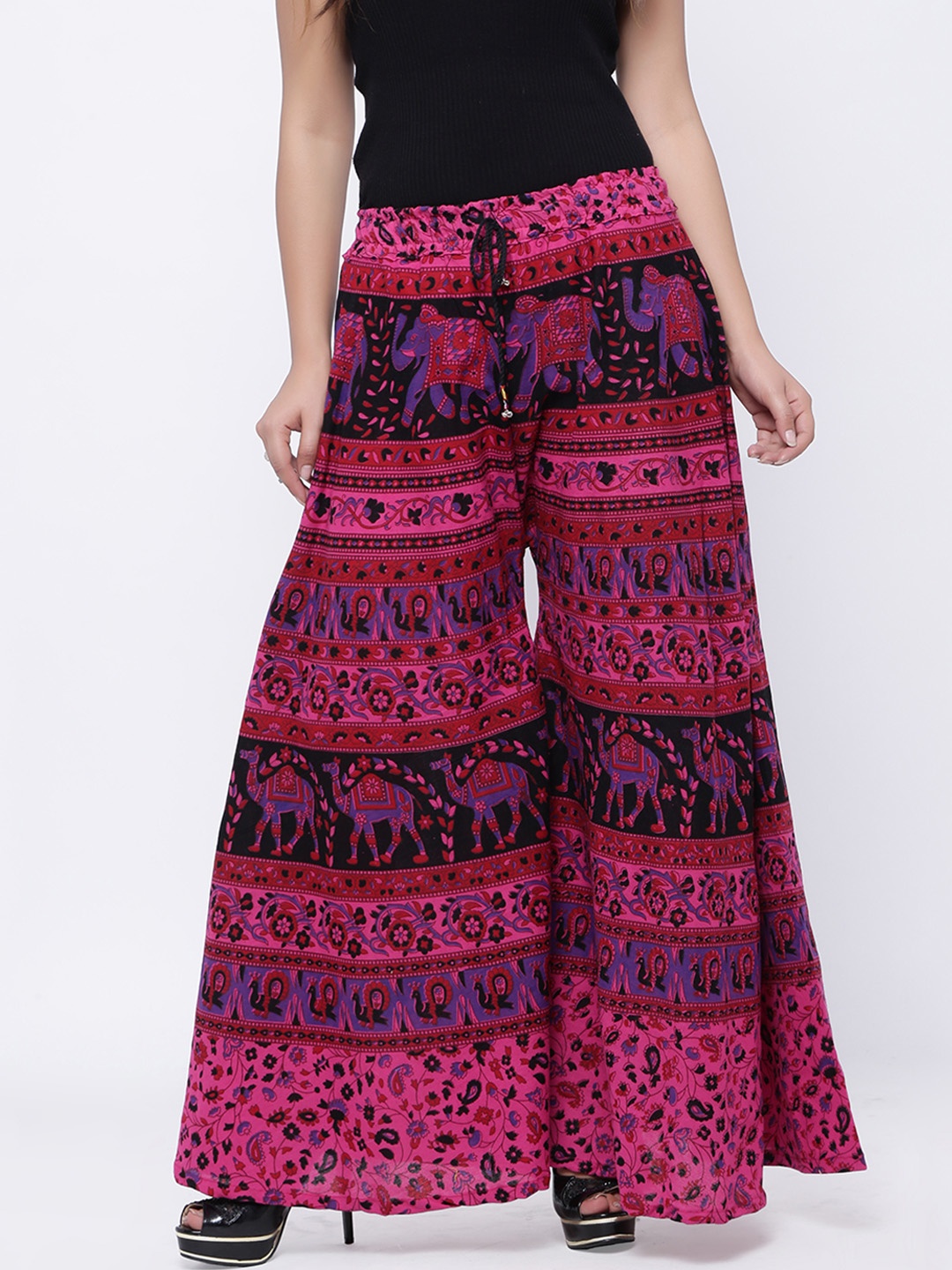 

SOUNDARYA Women Pink & Black Printed Flared Palazzos