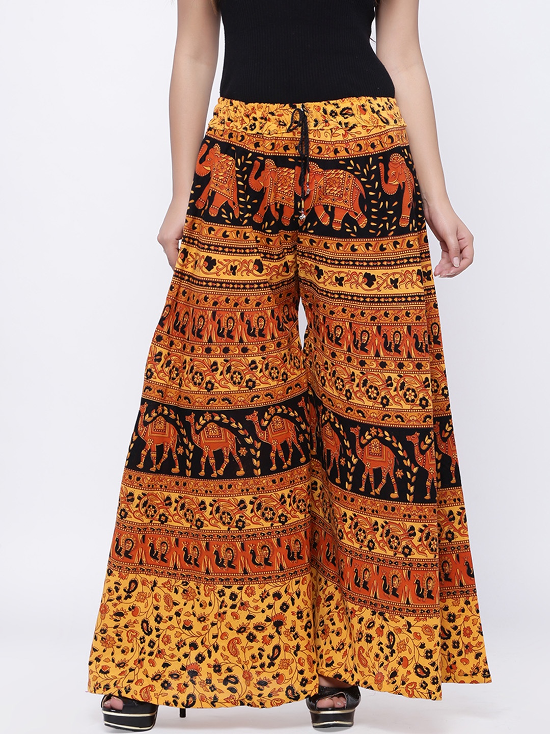 

SOUNDARYA Women Yellow & Orange Printed Flared Palazzos