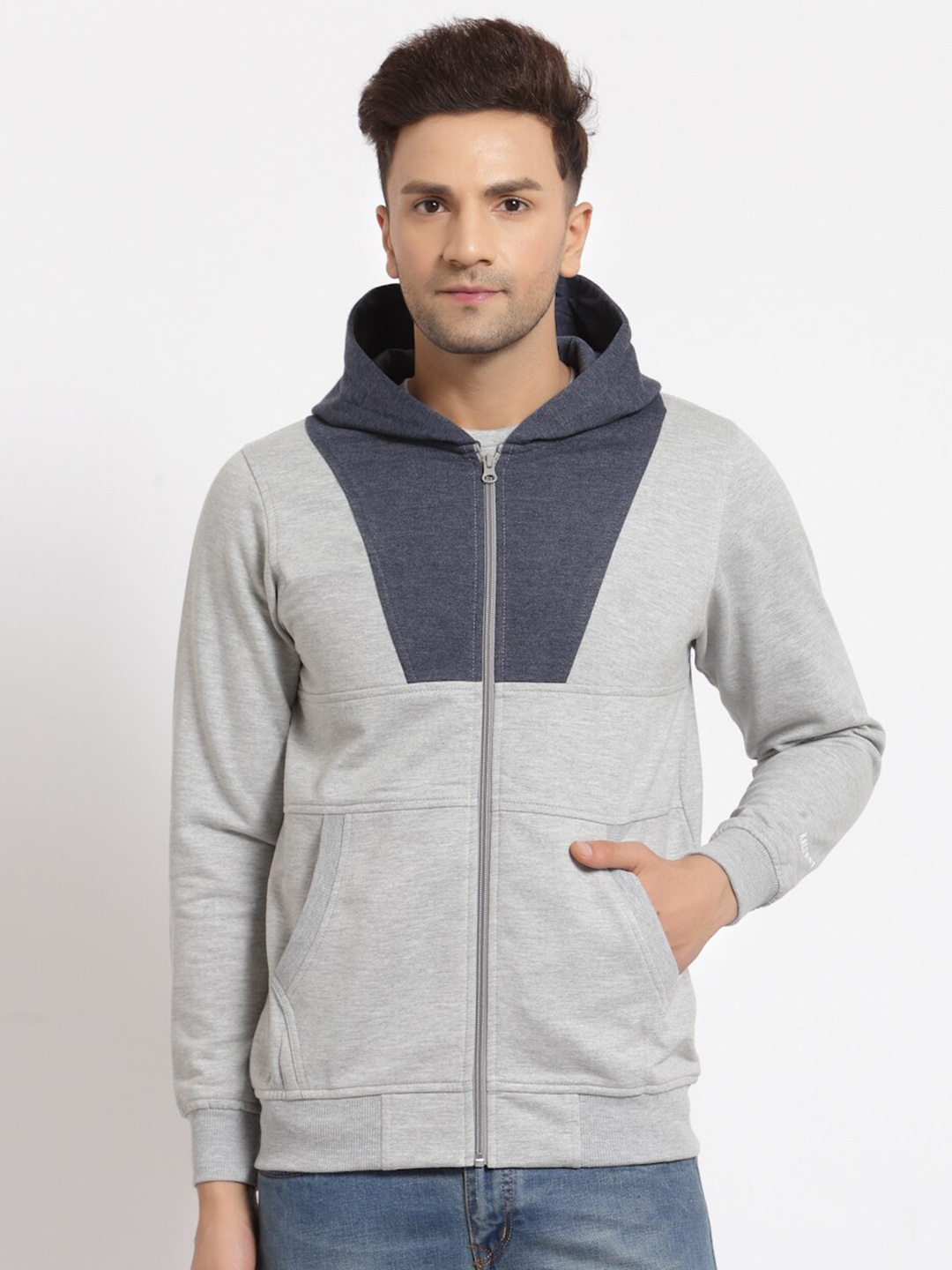 

Kalt Men Grey Colourblocked Hooded Sweatshirt