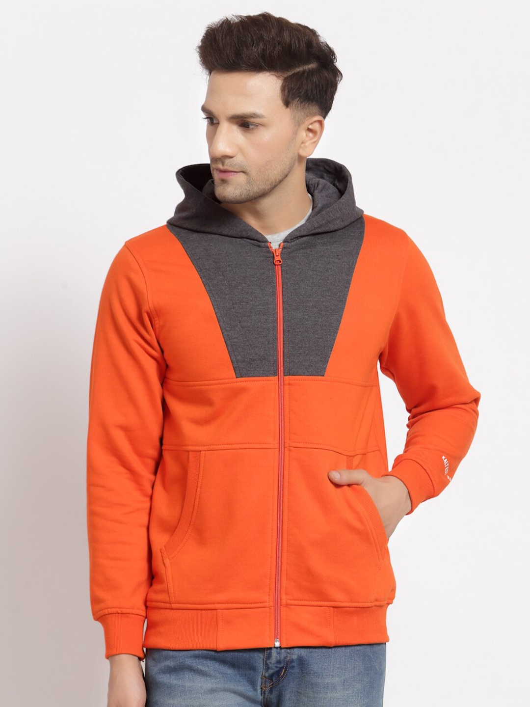 

Kalt Men Orange Hood Neck Full Sleeve Colour Block Hoodie
