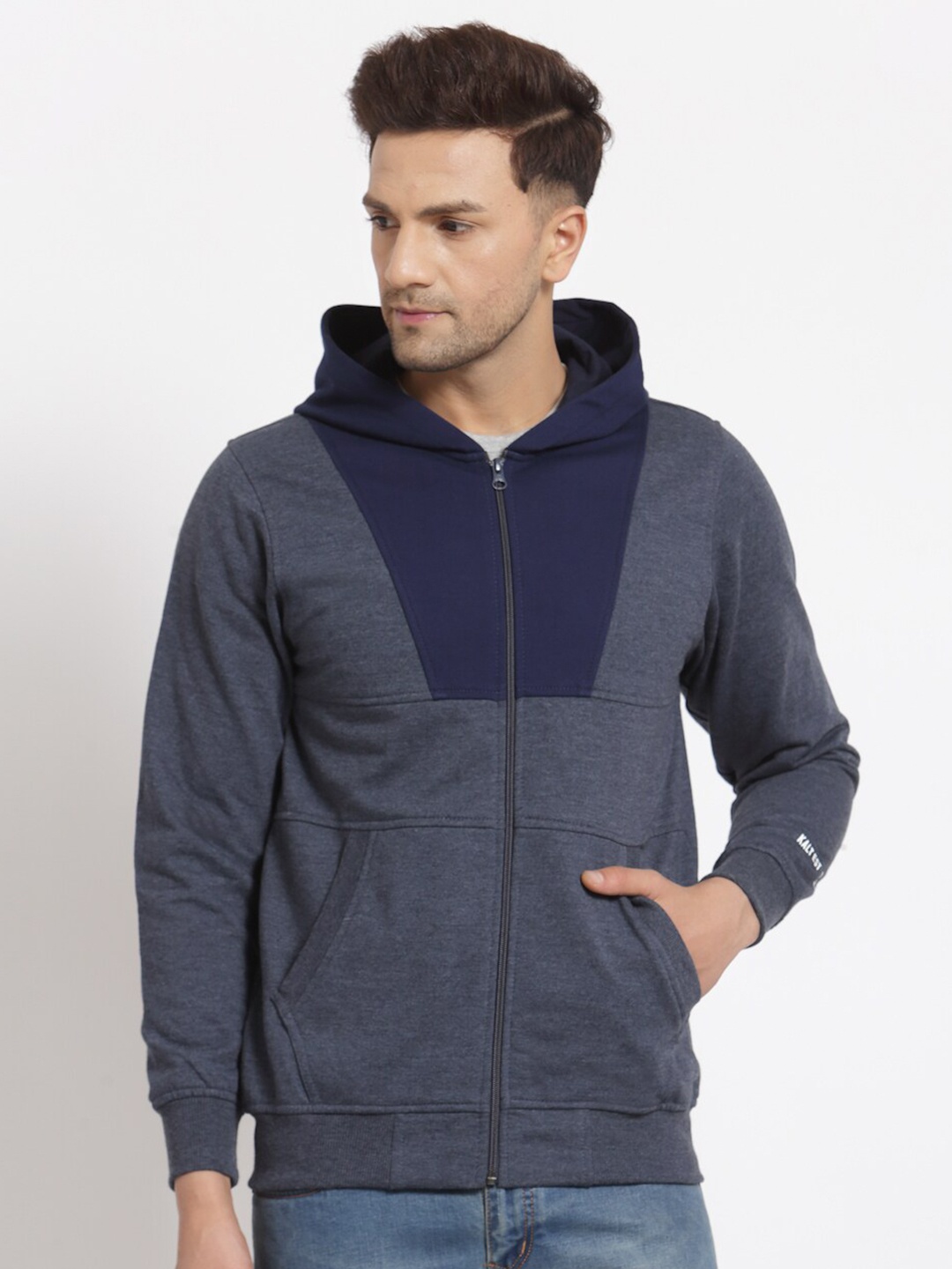 

Kalt Men Navy Blue Colourblocked Hooded Sweatshirt