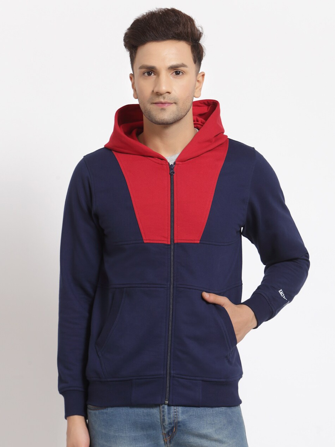 

Kalt Men Navy Blue Colourblocked Hooded Sweatshirt