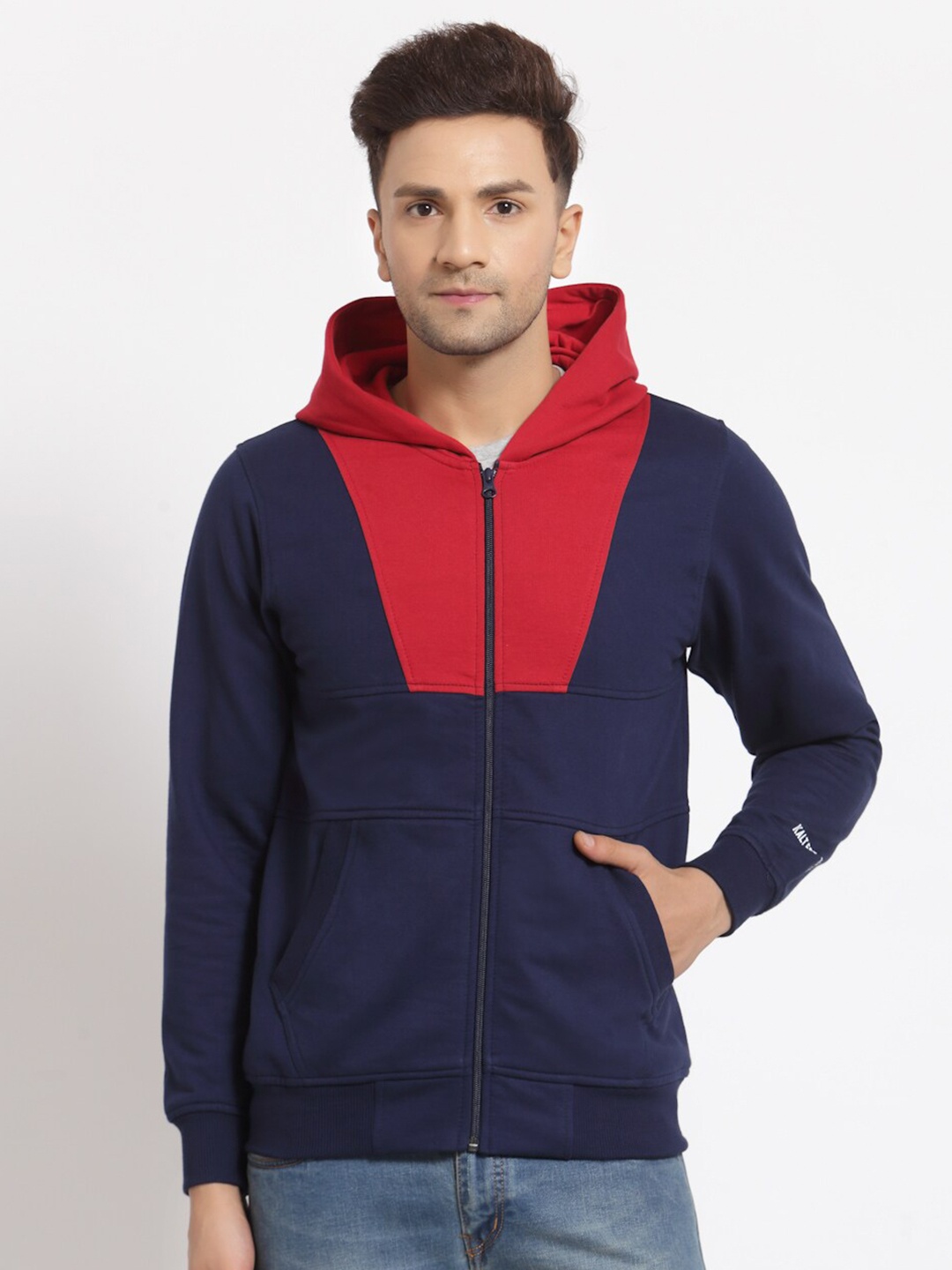 

Kalt Men Navy Blue Colourblocked Hooded Sweatshirt
