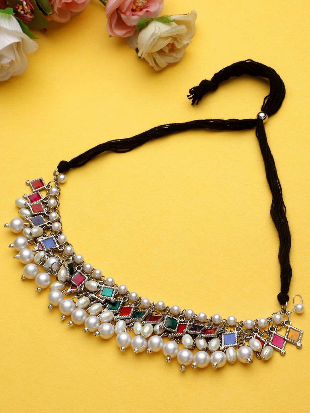 

KACY Women Silver-Toned & Blue Silver-Plated Bohemian Pearl Necklace