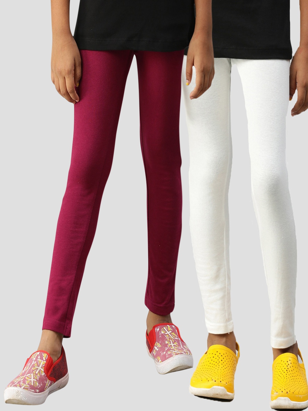 

Kryptic Girls Pack Of 2 White & Maroon Solid Ankle Length Leggings