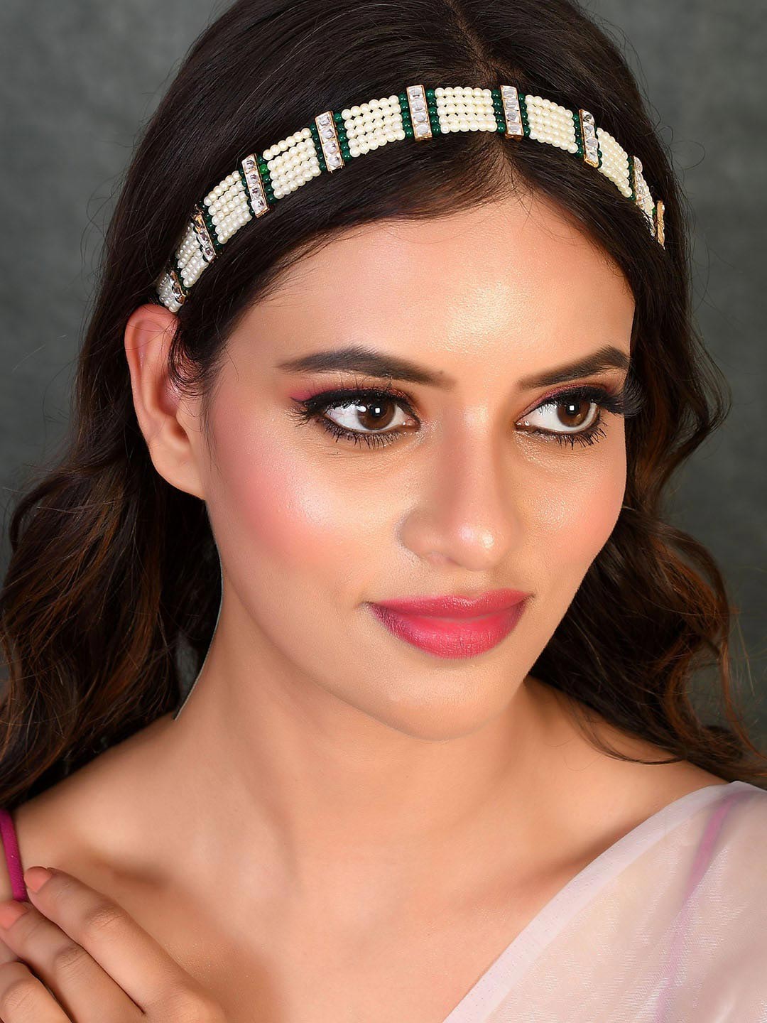 

Silvermerc Designs Gold-Plated White & Green Kundan-Studded & Pearl Beaded Matha Patti