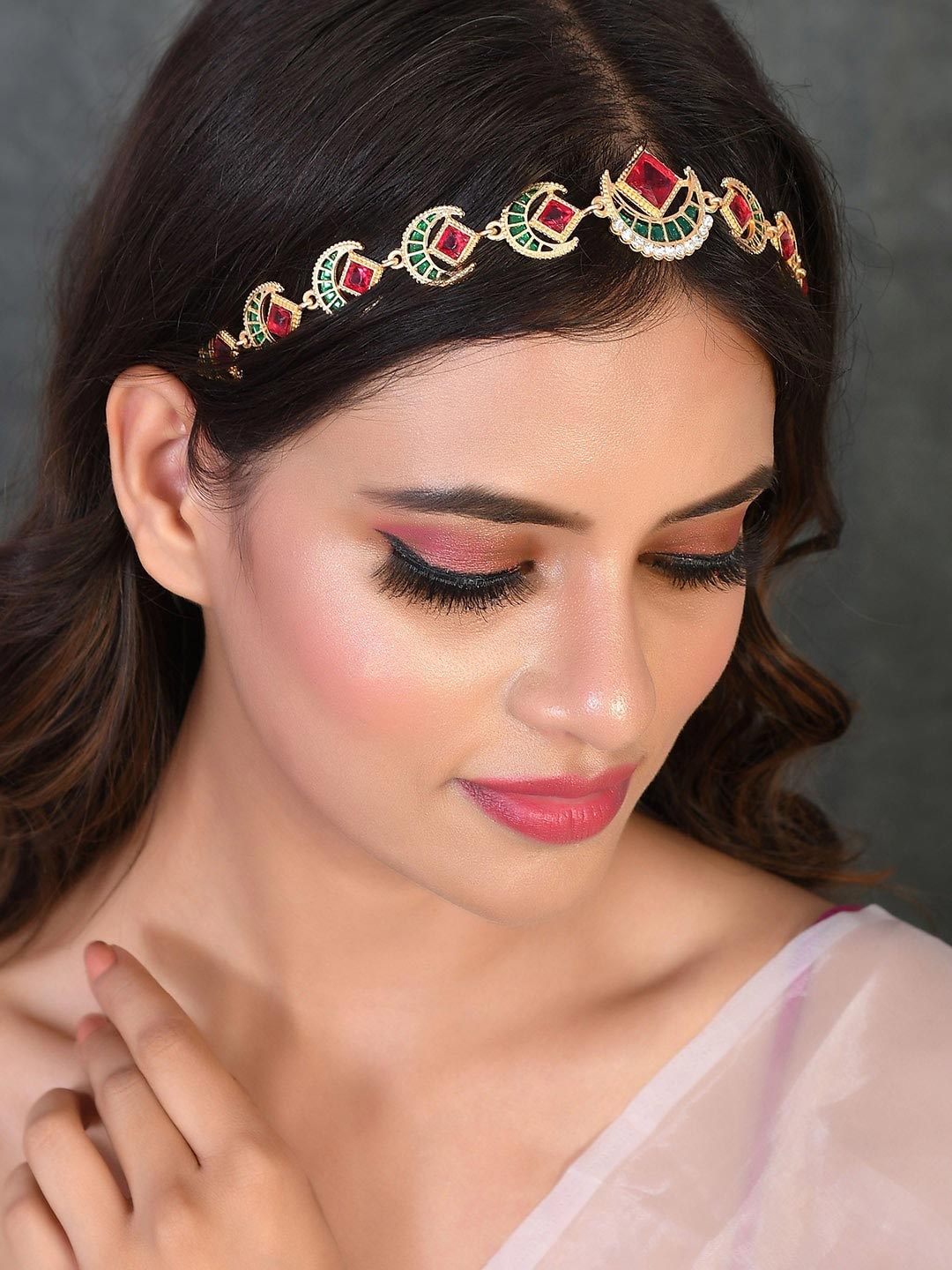 

Silvermerc Designs Gold-Plated red Stone Studded Matha Patti Head Jewellery, Green