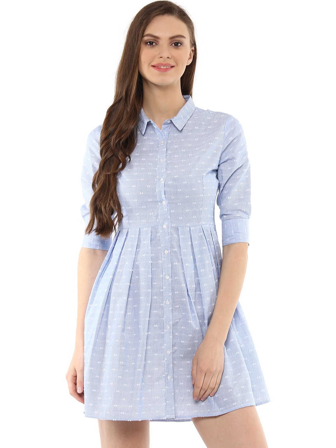 

STREET 9 Blue Self-Striped Pleated Shirt Dress