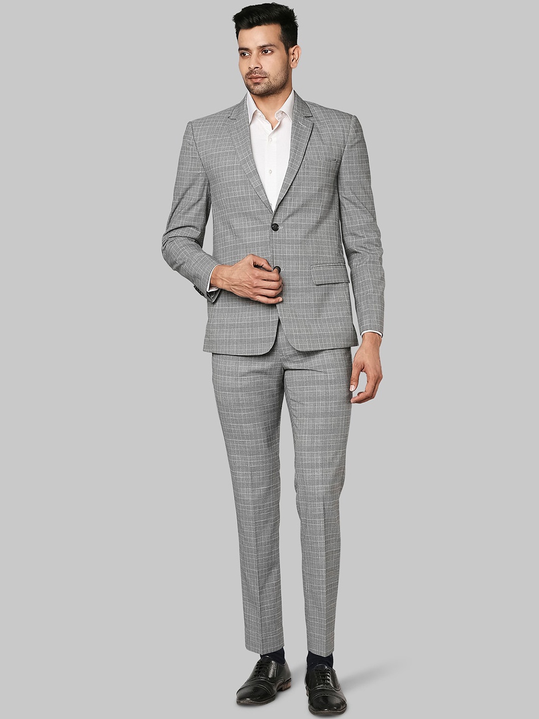 

Park Avenue Men Grey Checked Super Slim-Fit Single-Breasted Formal Suit