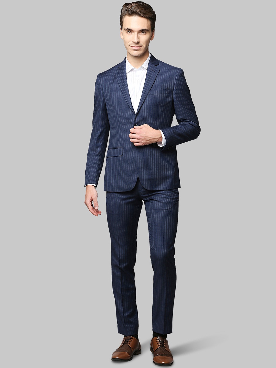 

Park Avenue Men Blue Striped Single-Breasted Super Slim-Fit Two-Piece Formal Suit