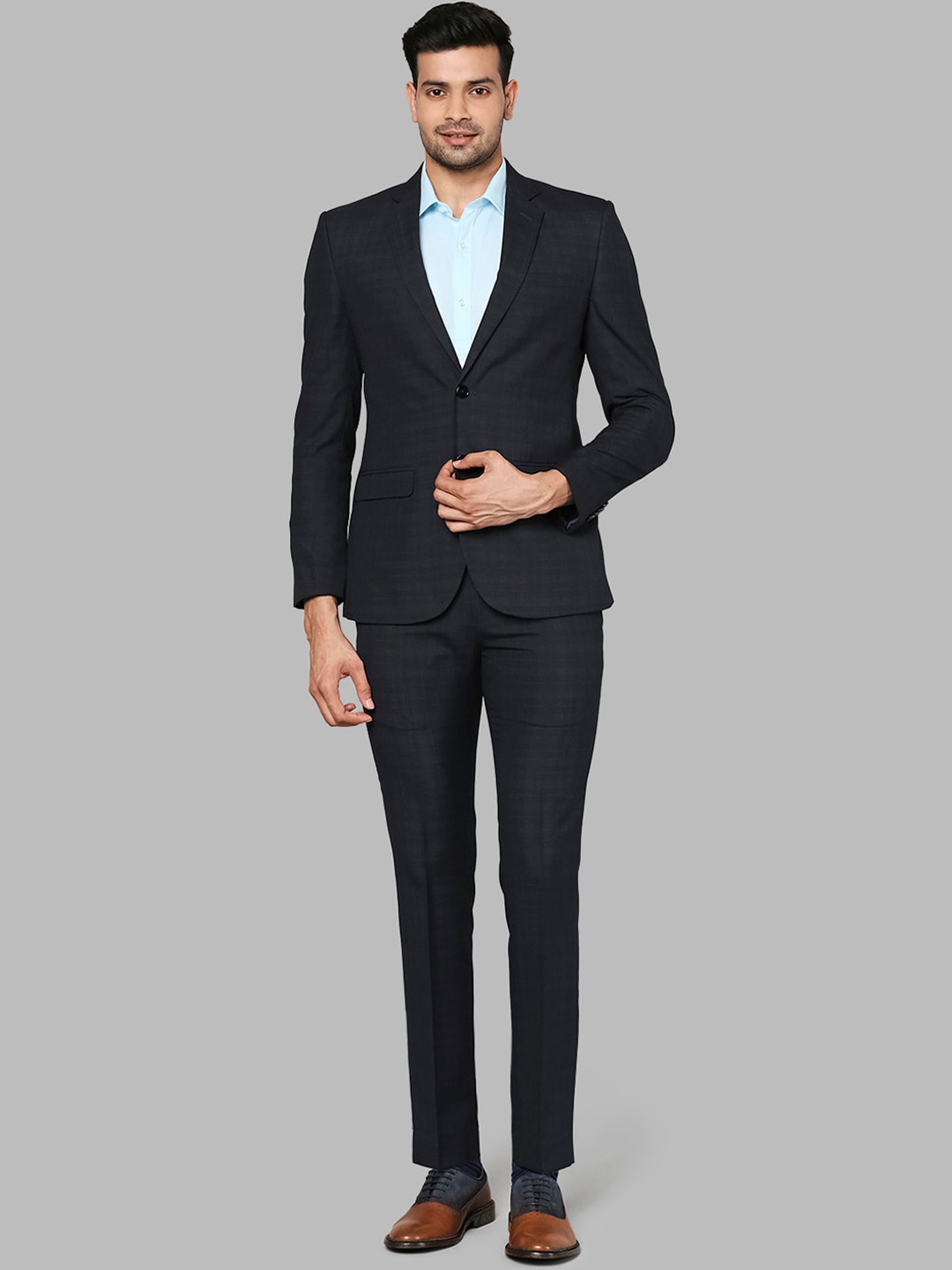 

Park Avenue Men Navy Blue Checked Super Slim Fit 2 Piece Party Suit