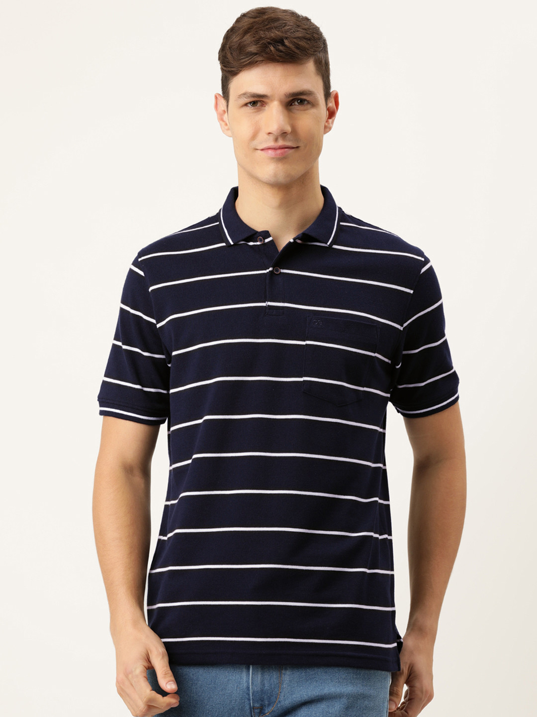 

Peter England Men Navy Blue & White Striped Polo Collar T-shirt