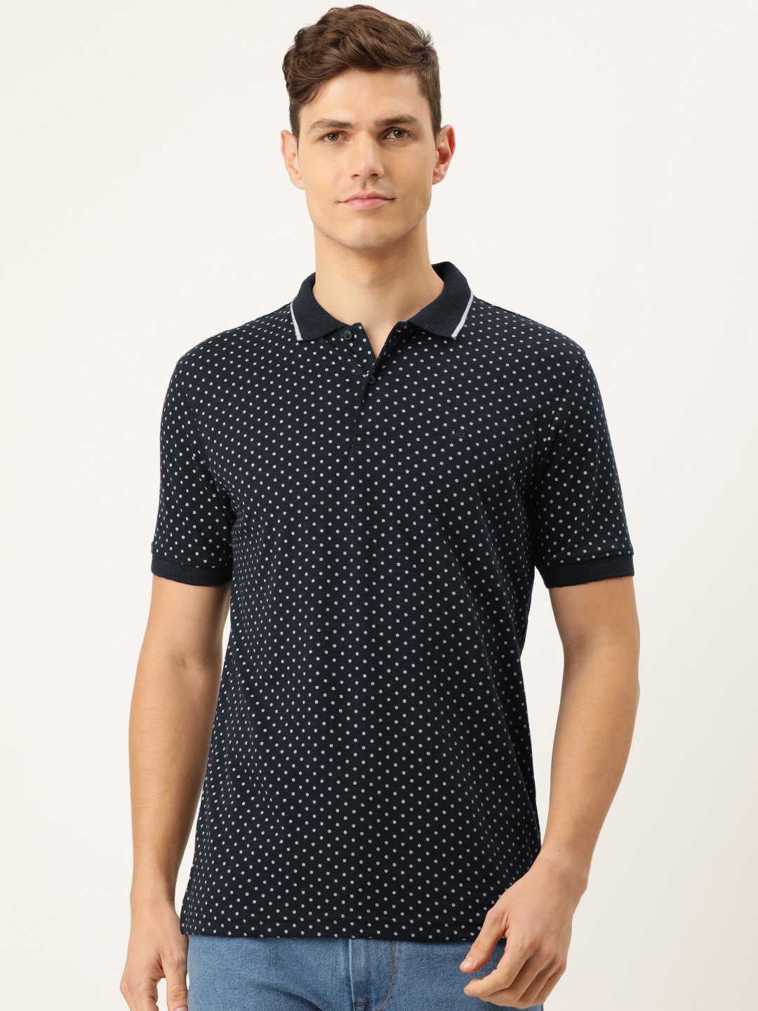 

Peter England Men Navy Blue & White Polka Dots Print Polo Collar Regular Fit T-shirt