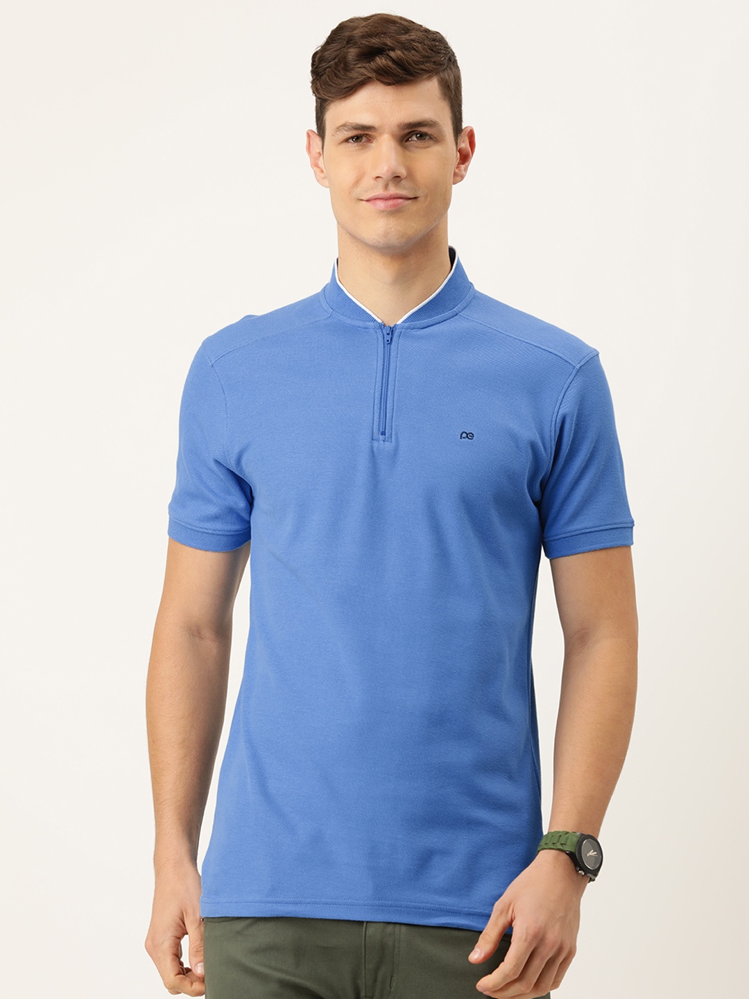 

Peter England Men Blue Snug Fit Stand Collar Pure Cotton T-shirt