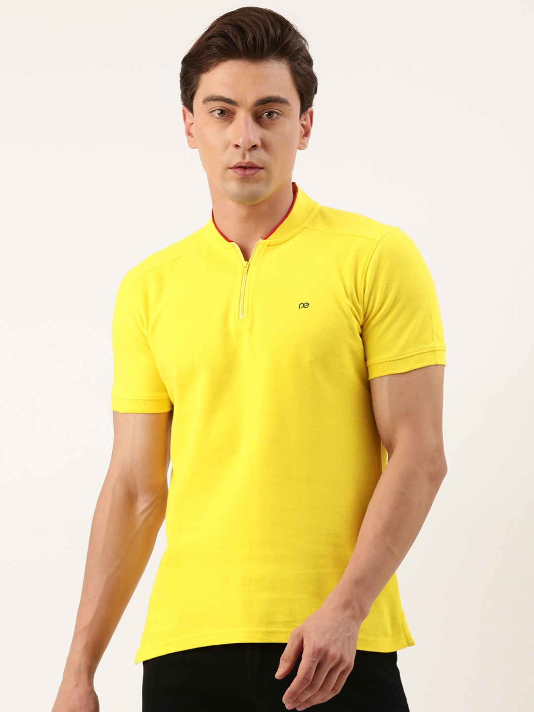 

Peter England Men Stand Collar Pure Cotton Slim Fit T-shirt, Yellow