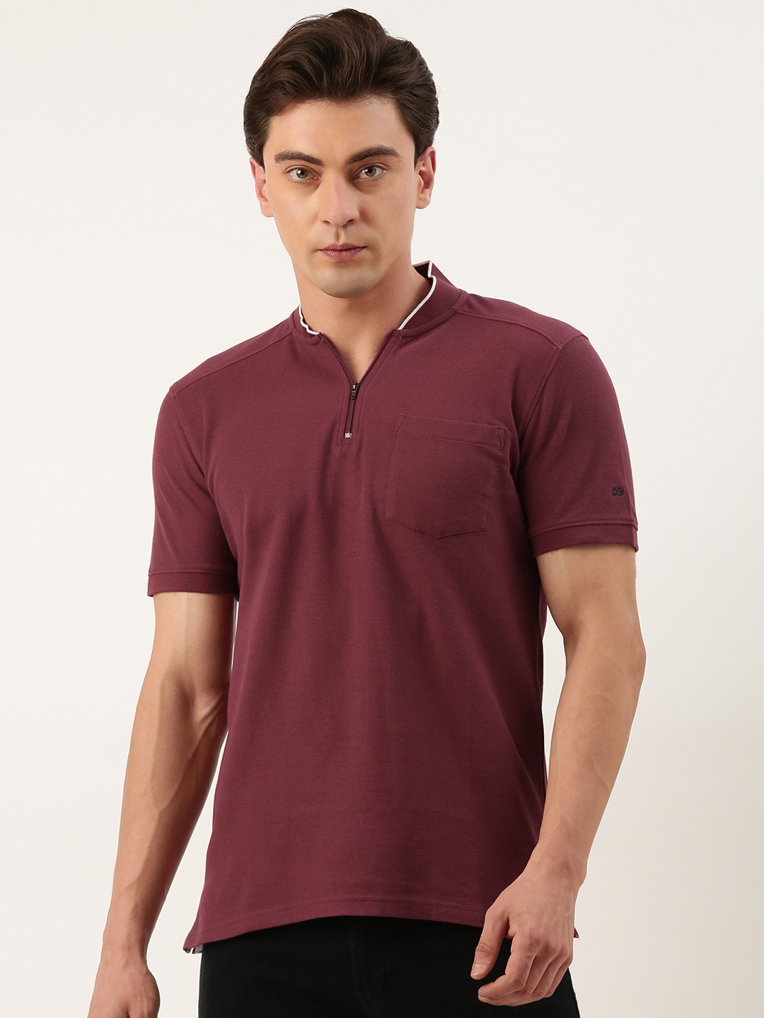 

Peter England Men Stand Collar Pure Cotton Slim Fit T-shirt, Maroon