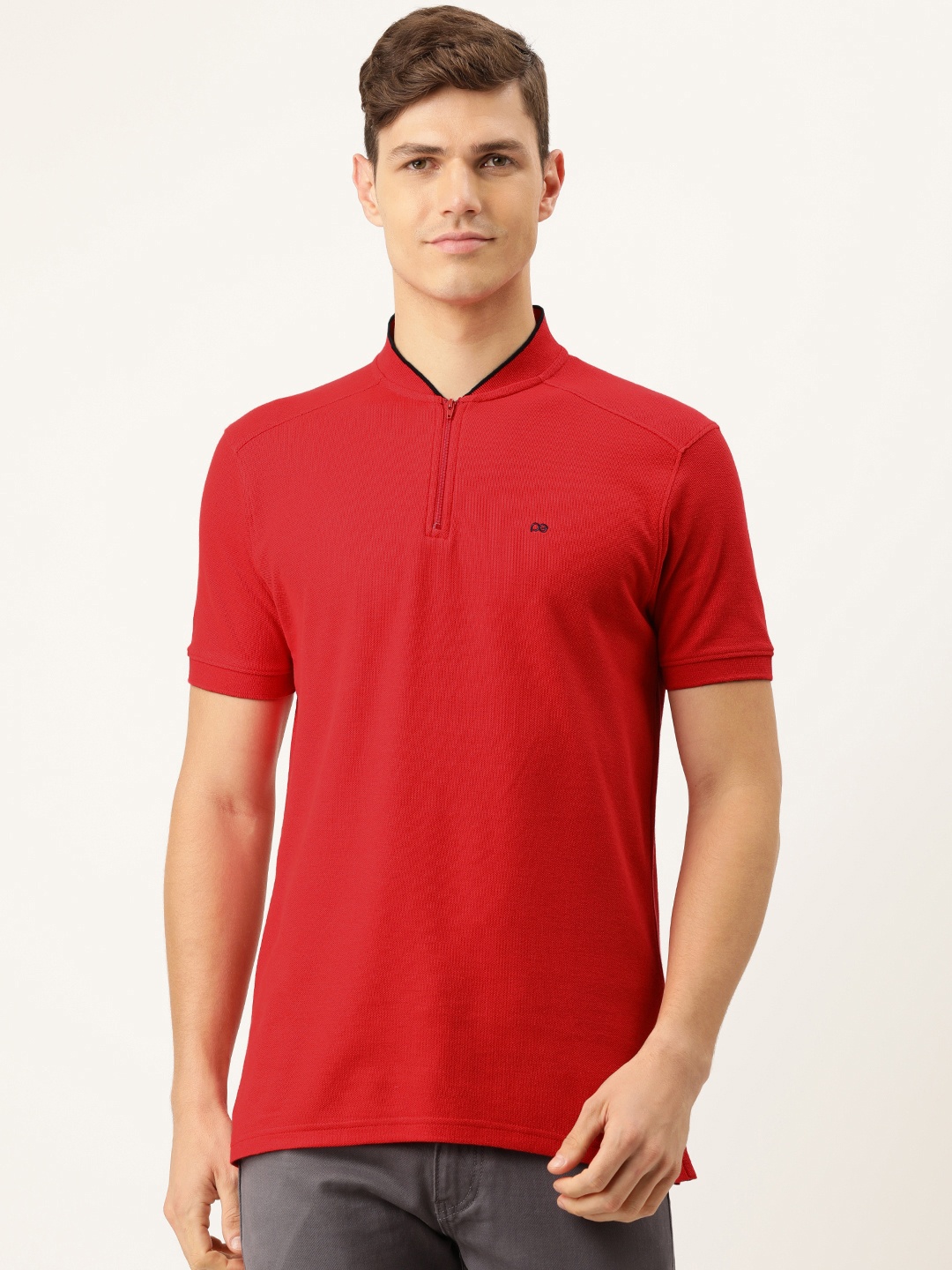 

Peter England Men Red Solid Mandarin Collar Pure Cotton Snug Fit T-shirt