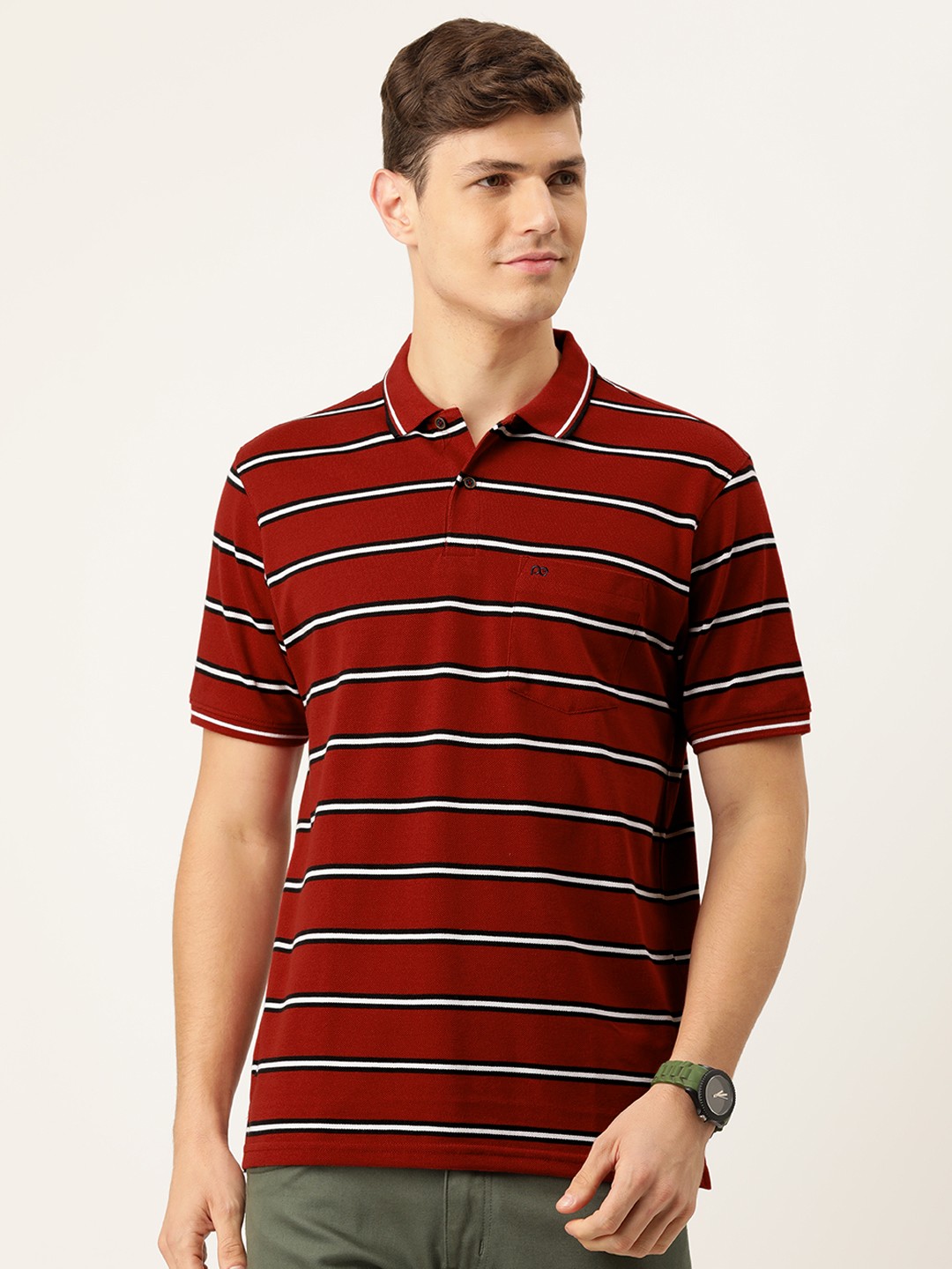 

Peter England Men Maroon & White Striped Polo Collar T-shirt