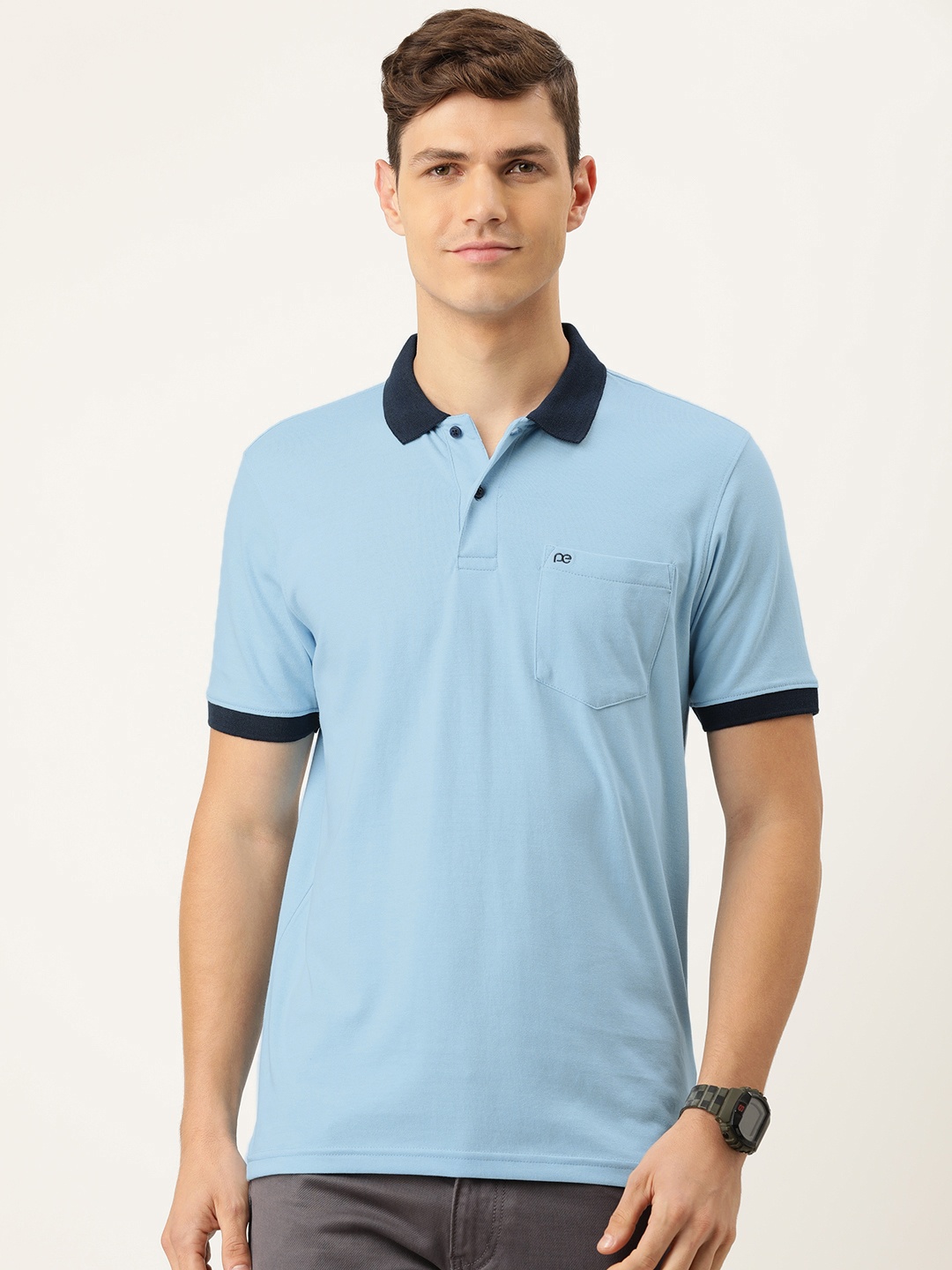

Peter England Men Blue Solid Contrast Polo Collar Pockets Regular Fit T-shirt