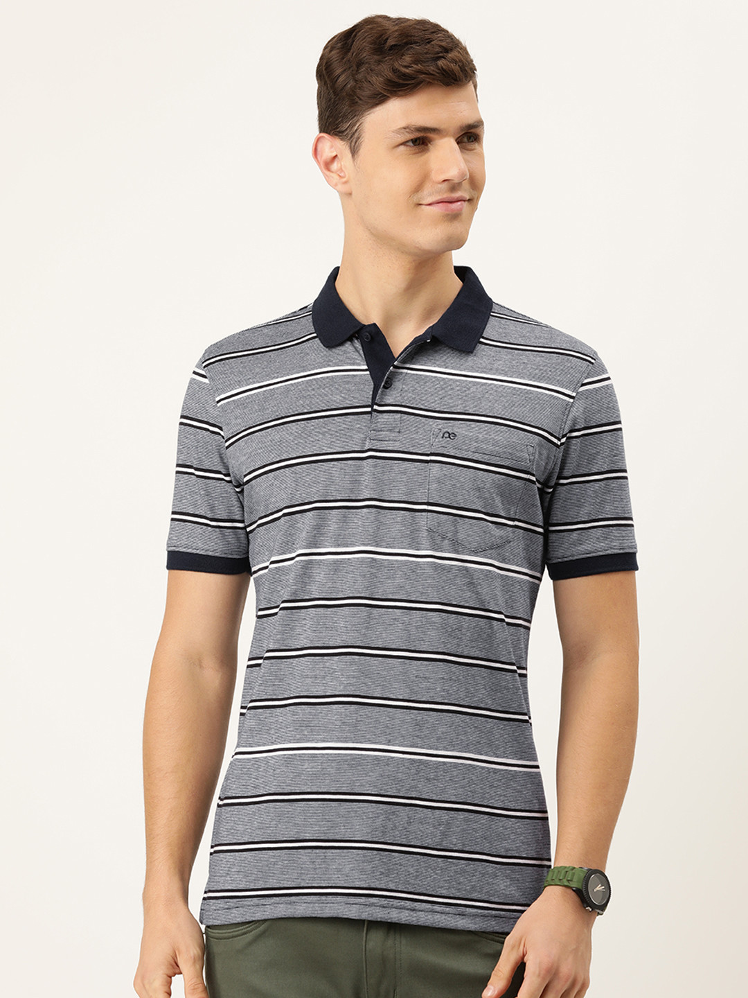 

Peter England Men Navy Blue & White Striped Polo Collar T-shirt