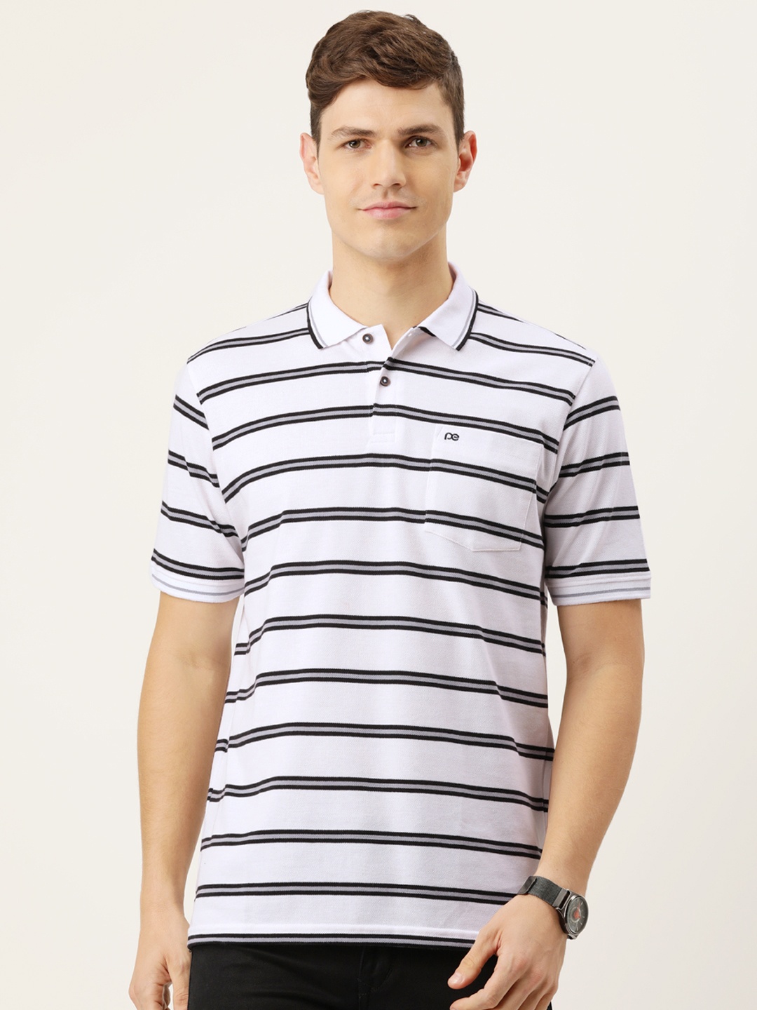 

Peter England Men White & Black Striped Polo Collar T-shirt