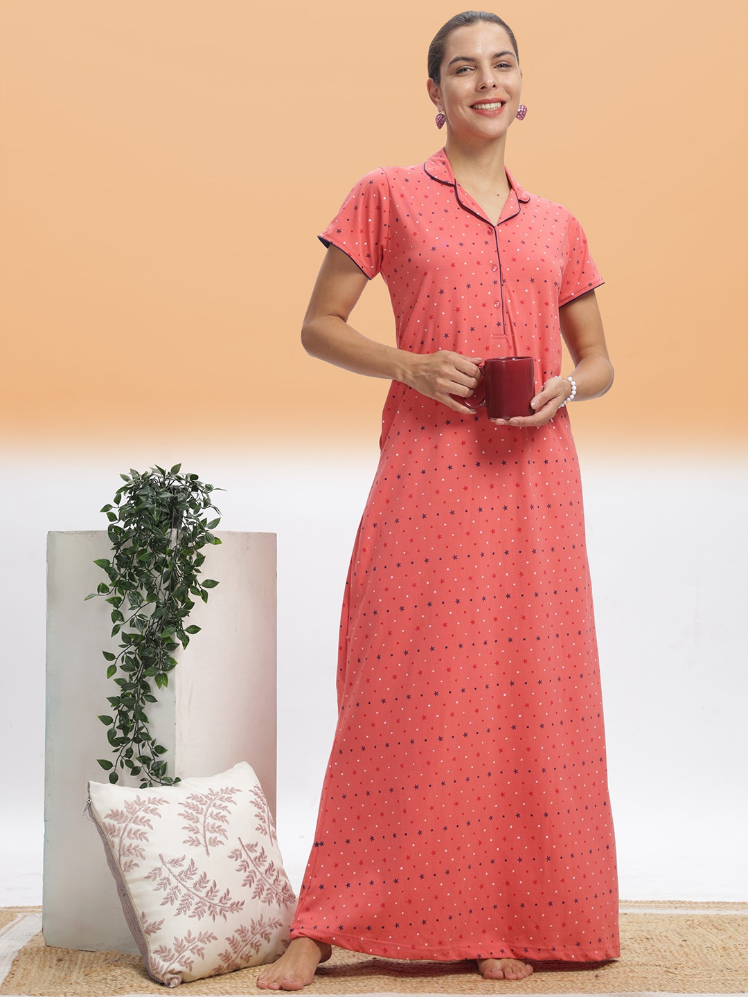 

9shines Label Peach-Coloured Printed Maxi Nightdress