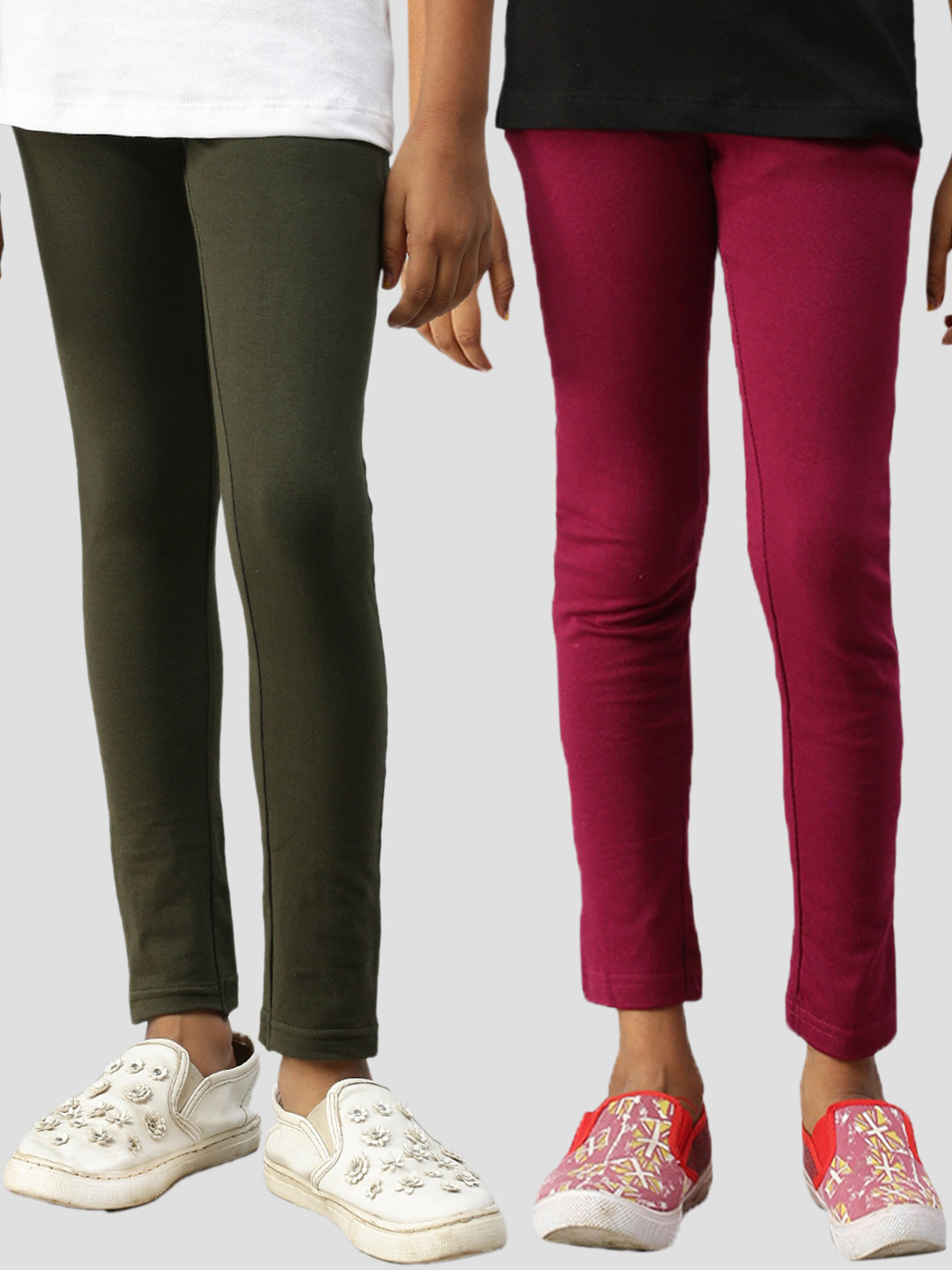 

Kryptic Girls Pack Of 2 Olive Green & Maroon Solid Ankle-Length Cotton Leggings