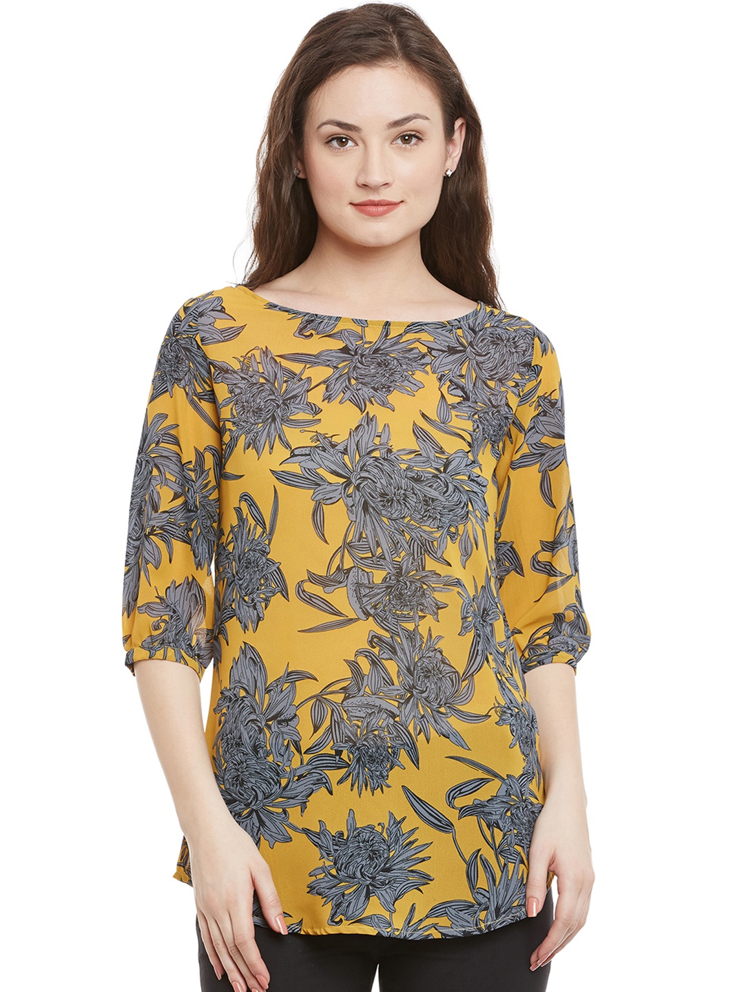 

Ruhaans Women Mustard Yellow & Grey Printed Top