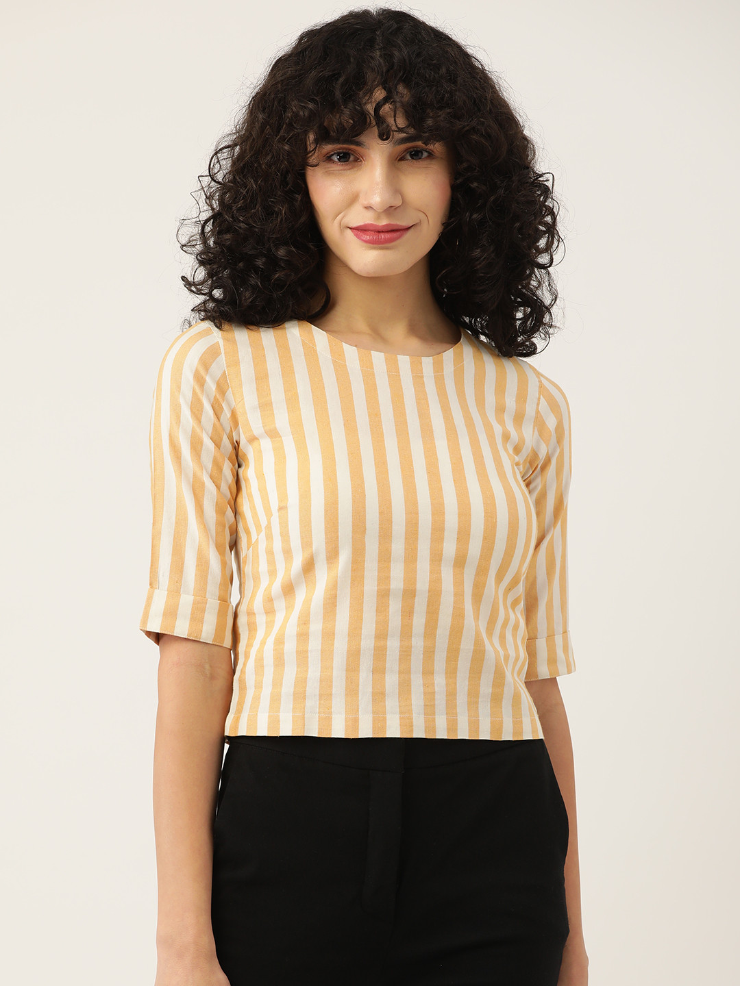 

FABNEST Yellow & White Striped Pure Cotton Top