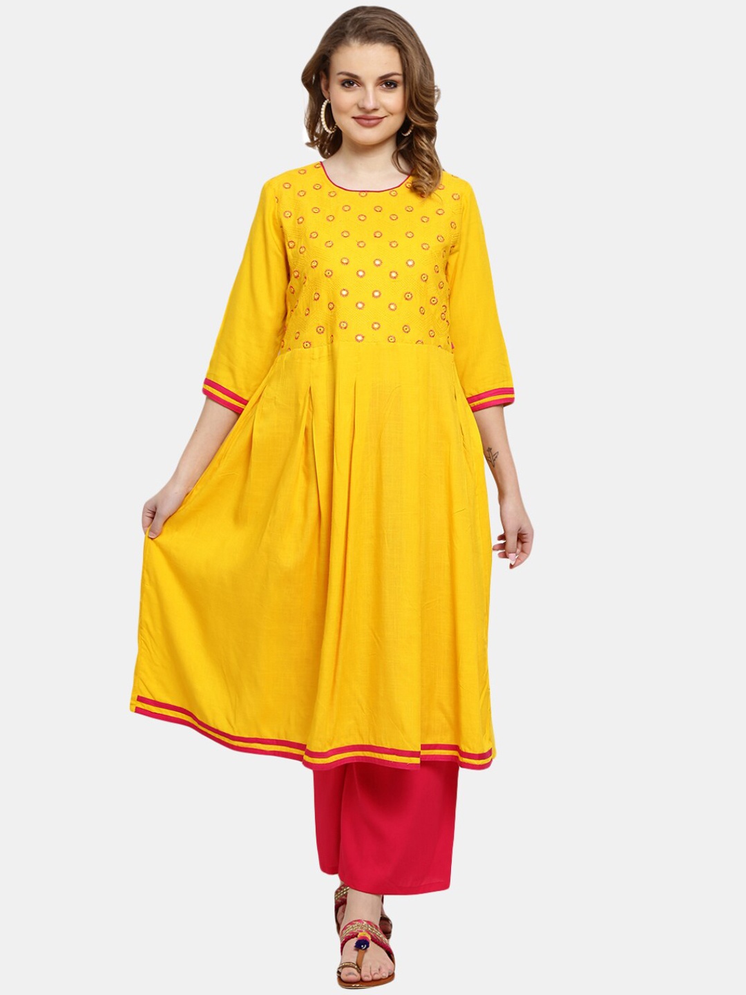 

Desi Mix Women Mustard Yellow Yoke Design Mirror Work Kurta