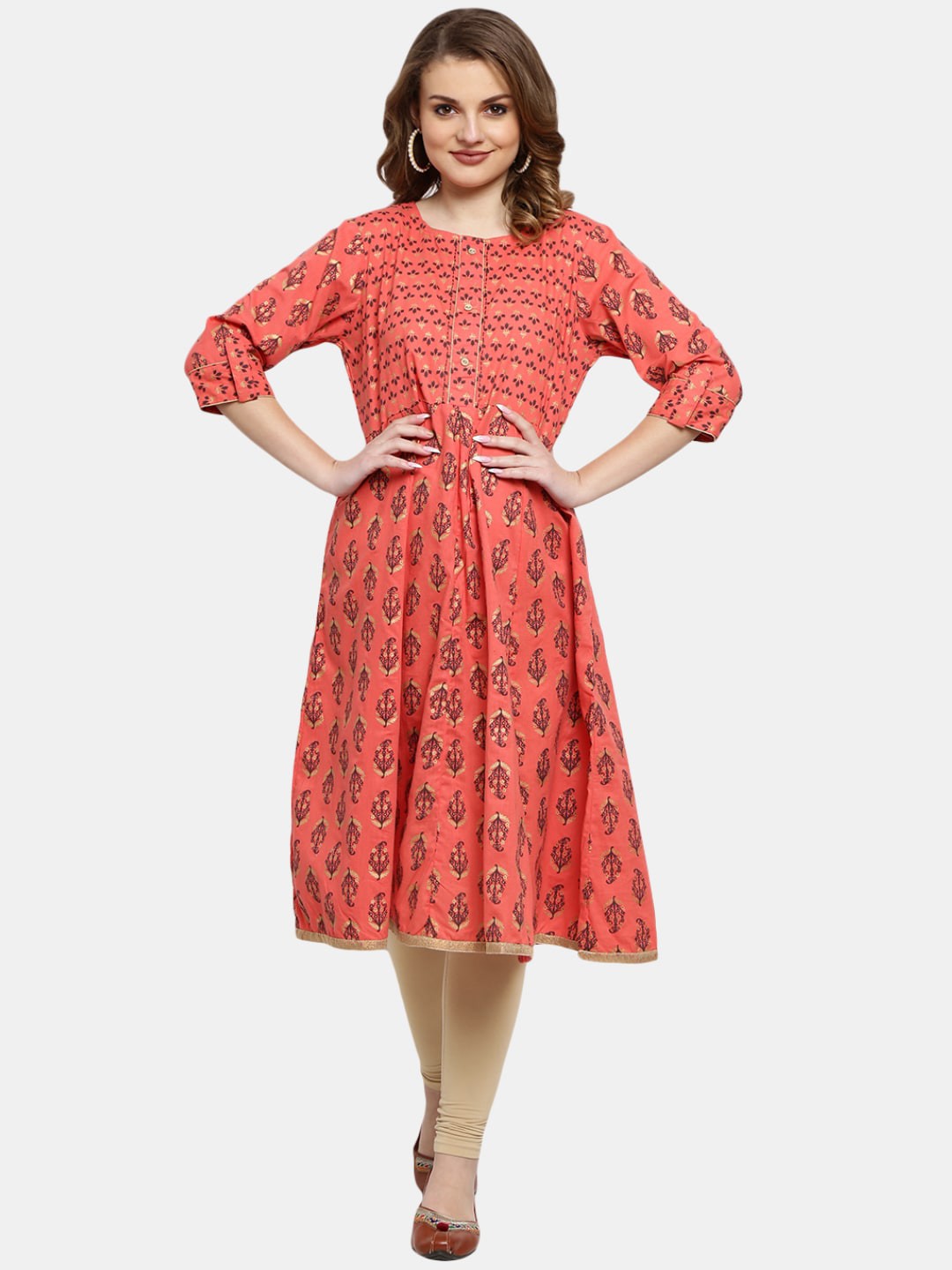 

Desi Mix Women Peach-Coloured & Black Ethnic Motifs Printed Anarkali Kurta