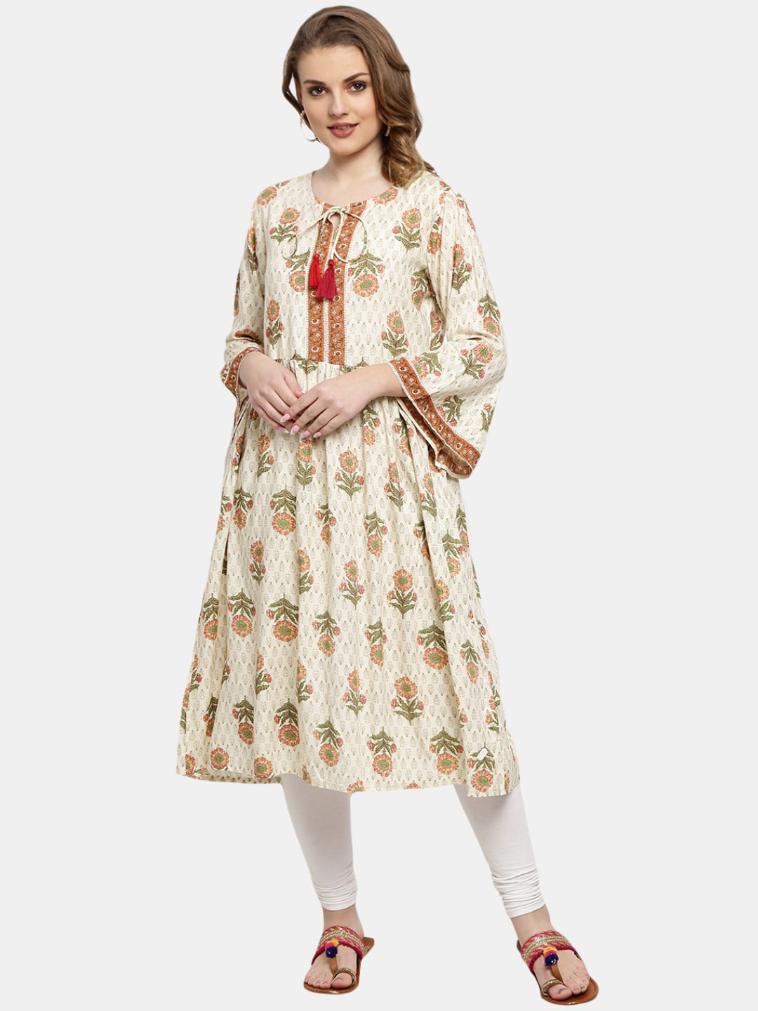 

Desi Mix Women Beige Floral Printed Bell Sleeves Kurta