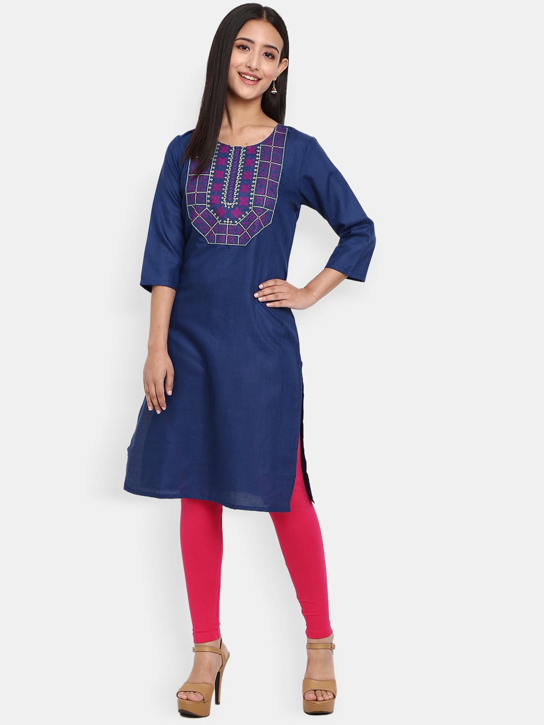 

Desi Mix Women Navy Blue Geometric Embroidered Thread Work Kurta