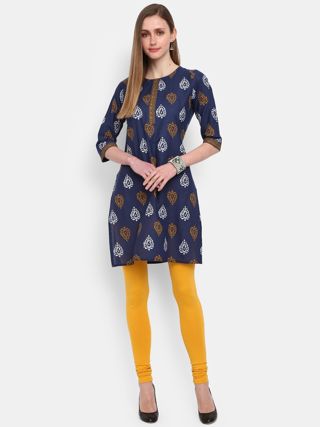 

Desi Mix Navy Blue Ethnic Motifs Printed Gotta Patti Pure Cotton Kurti