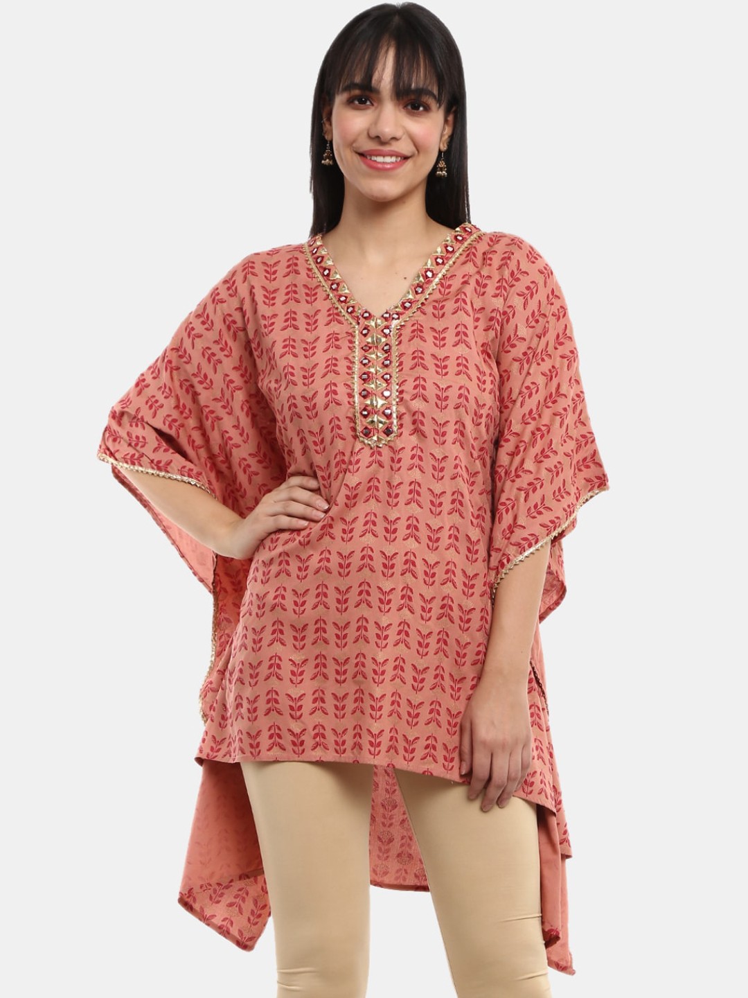

Desi Mix Women Magenta Floral Printed Flared Sleeves Mirror Work Kaftan Kurta