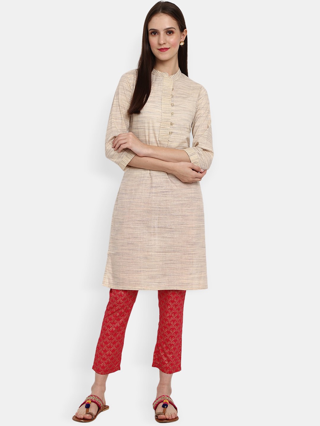 

Desi Mix Women Beige Solid Mandarin Collar Cotton Kurta