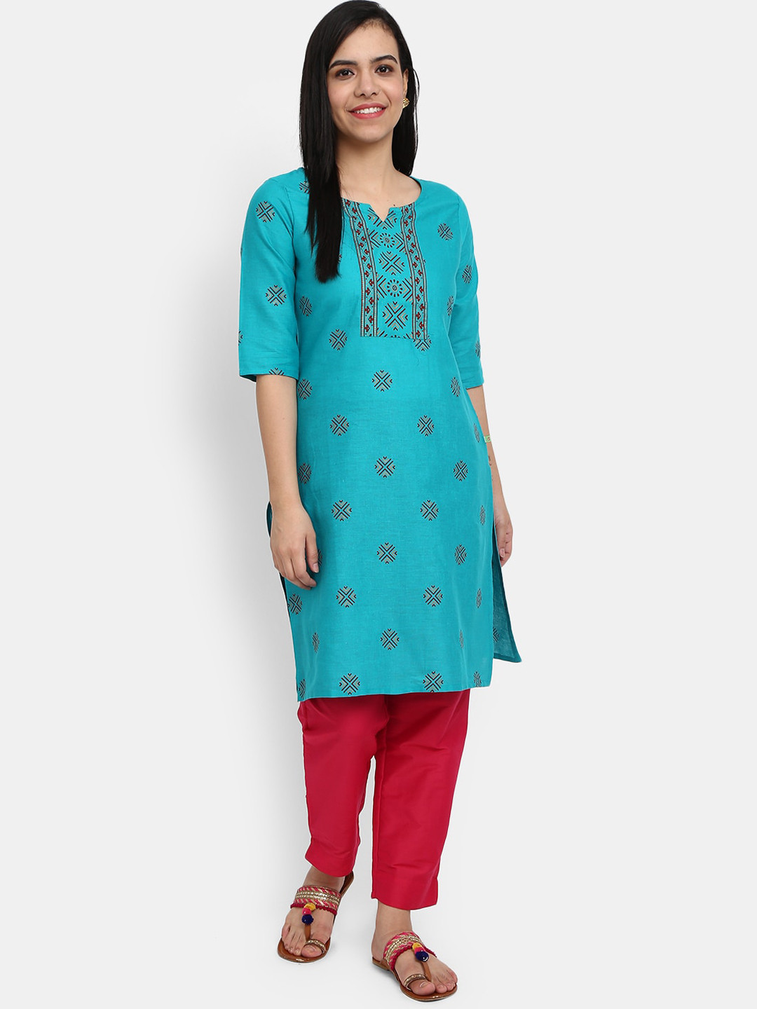 

Desi Mix Women Turquoise Blue Geometric Printed Kurta