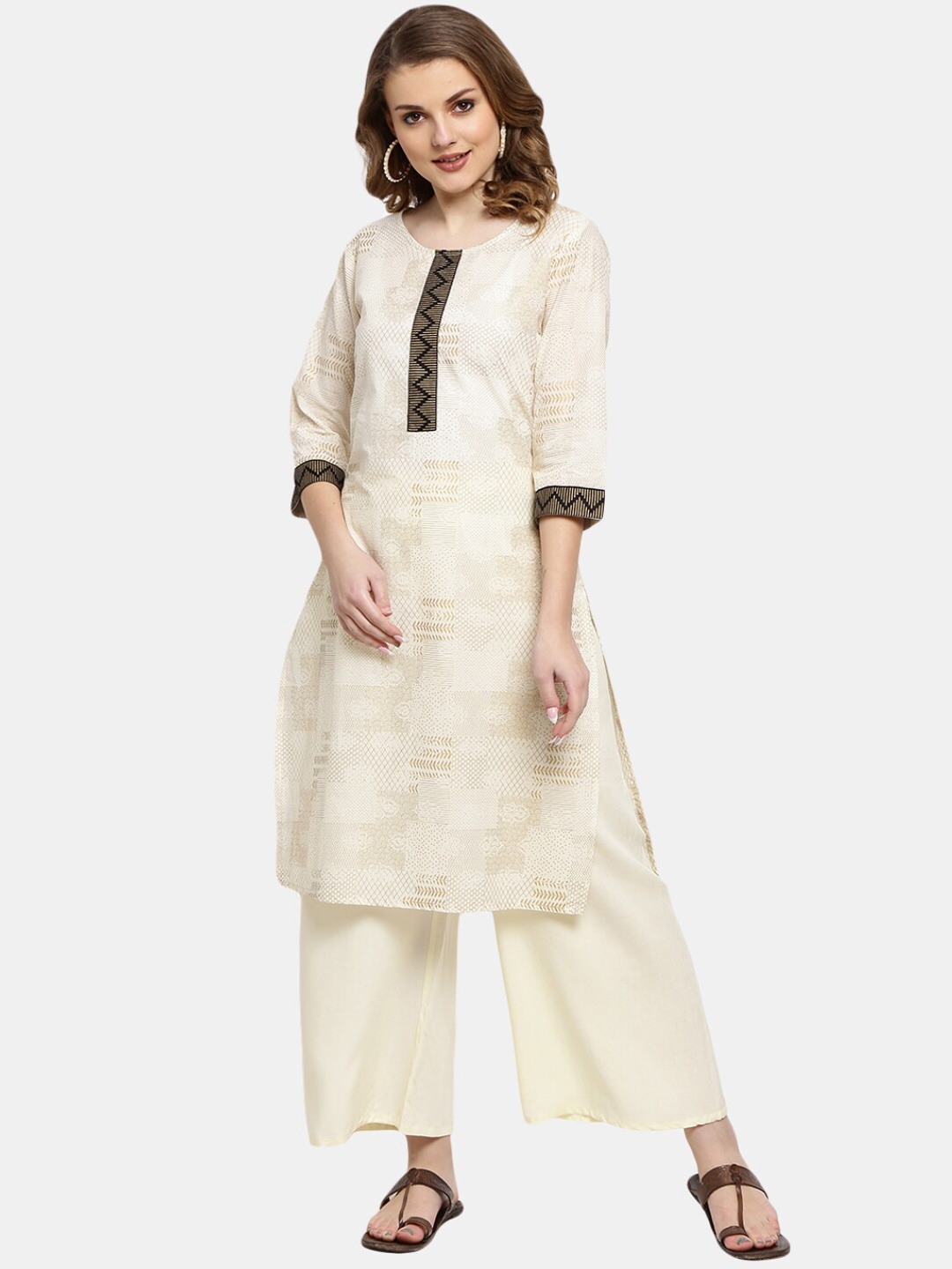 

Desi Mix Women Off White Floral Yoke Design Kurta