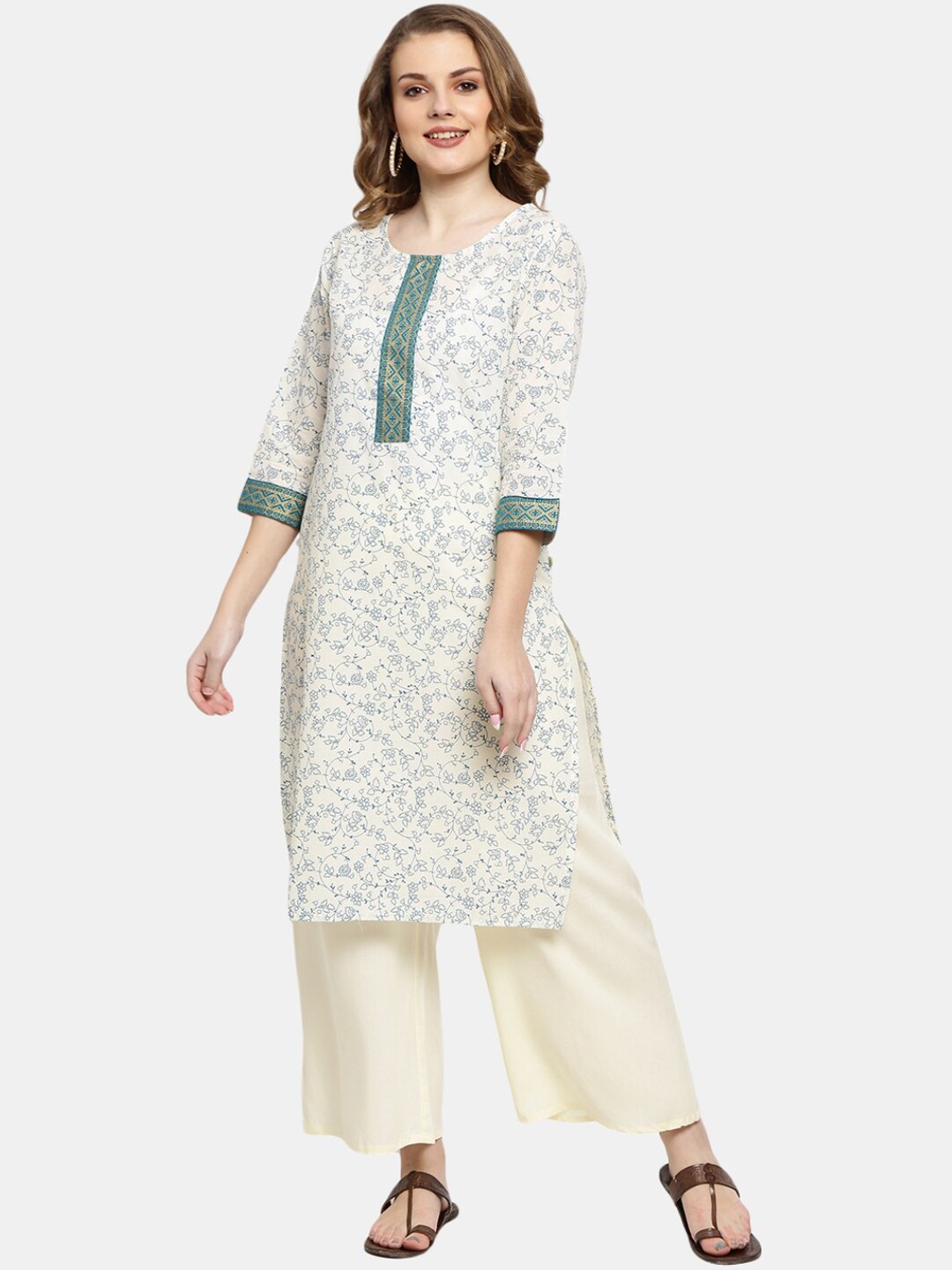 

Desi Mix Women Off White Floral Printed Kurta