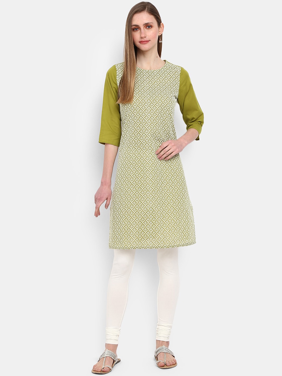 

Desi Mix Women Green & White Floral Embroidered Kurta