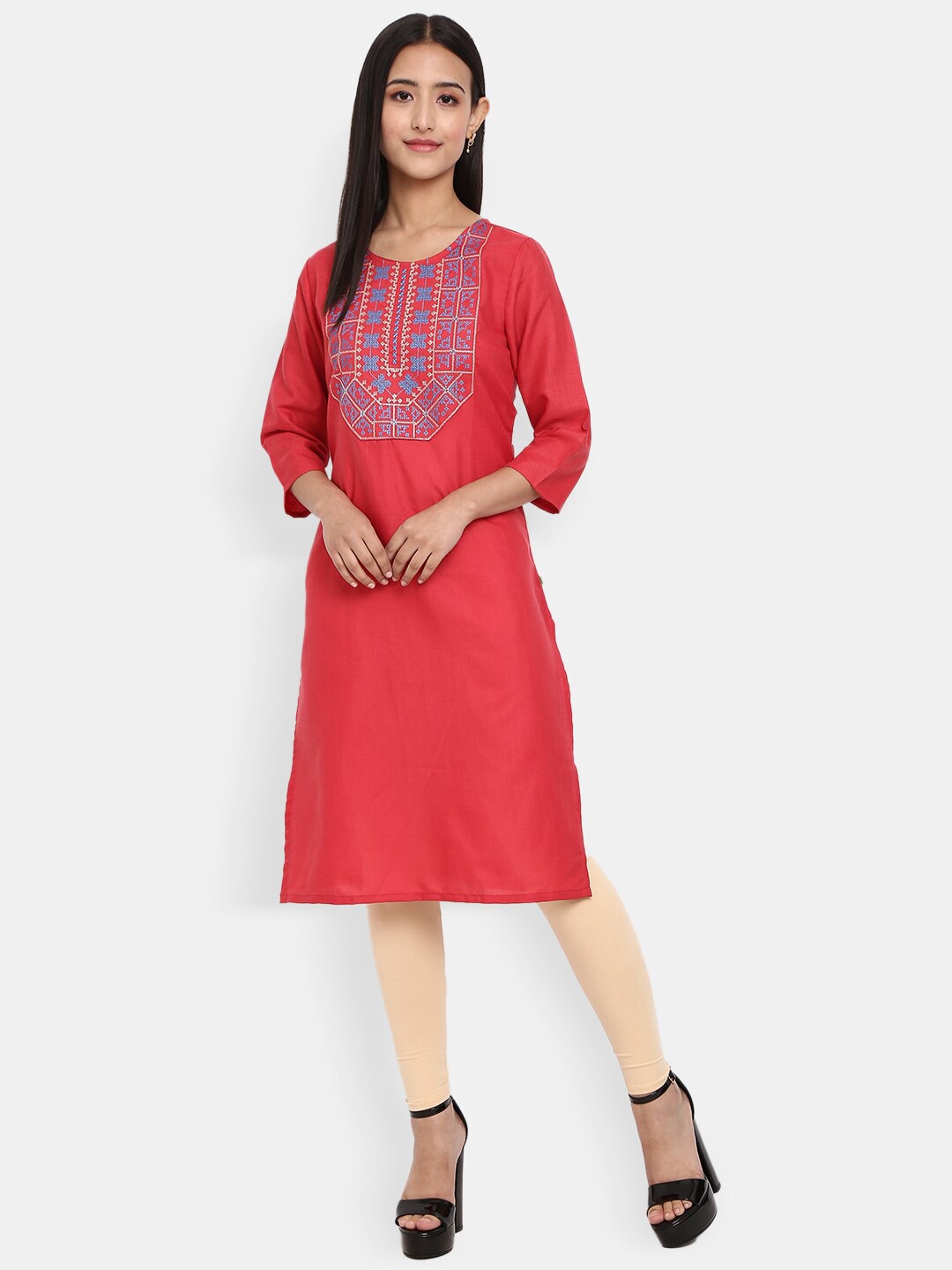 

Desi Mix Women Coral Geometric Embroidered Thread Work Kurta