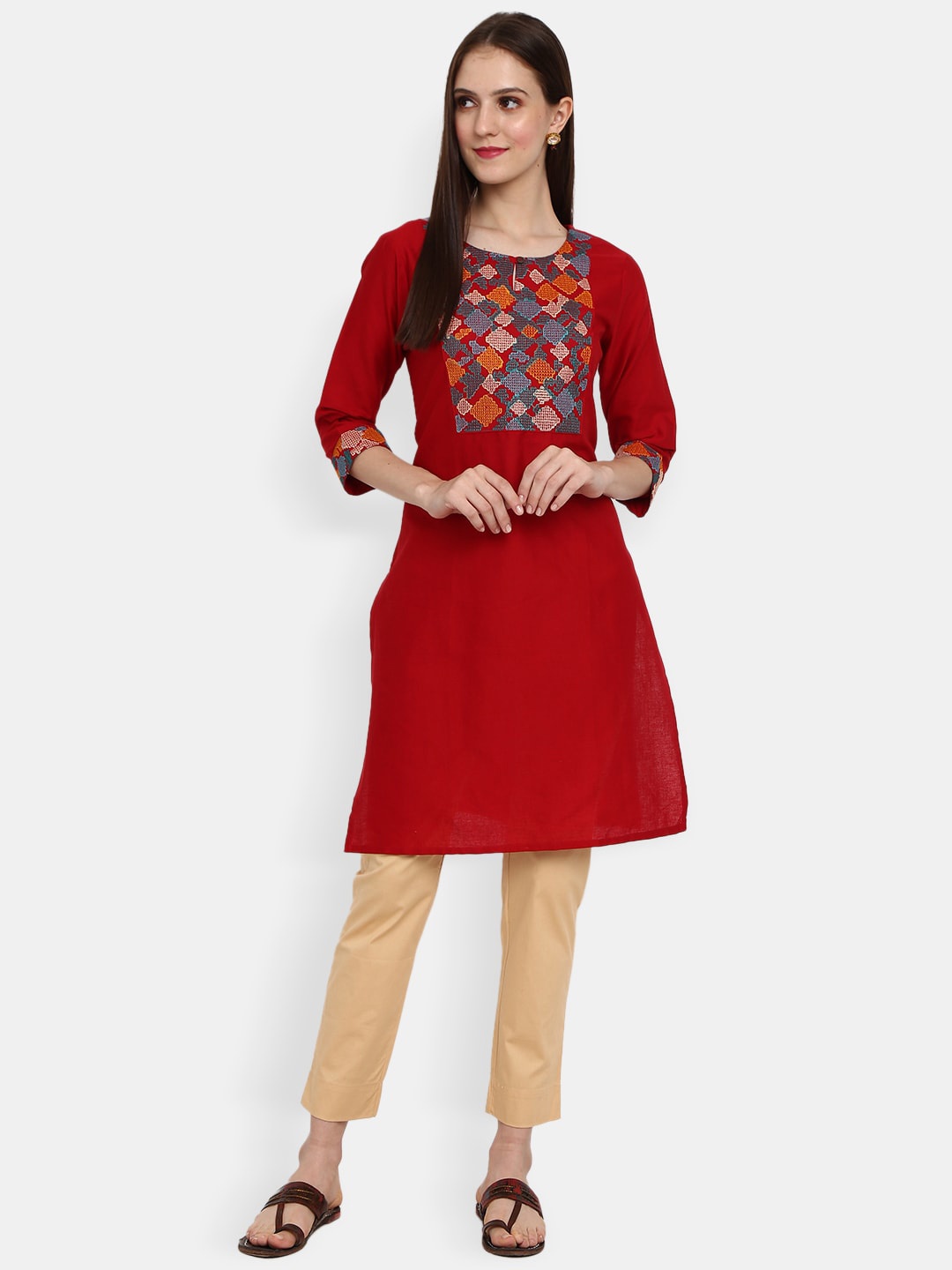 

Desi Mix Women Red Ethnic Motifs Yoke Design Keyhole Neck Kurta